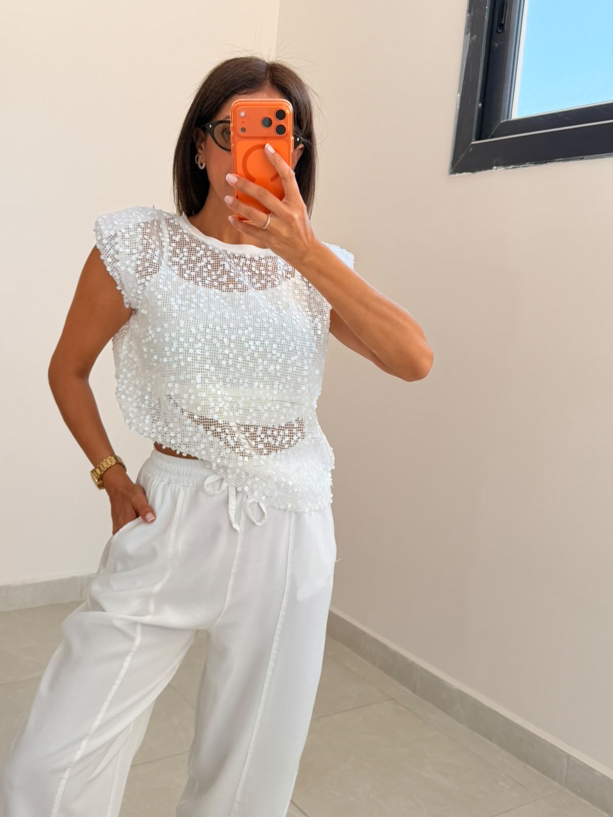 Vatkalı Payetli Atletli Bluz Ekru