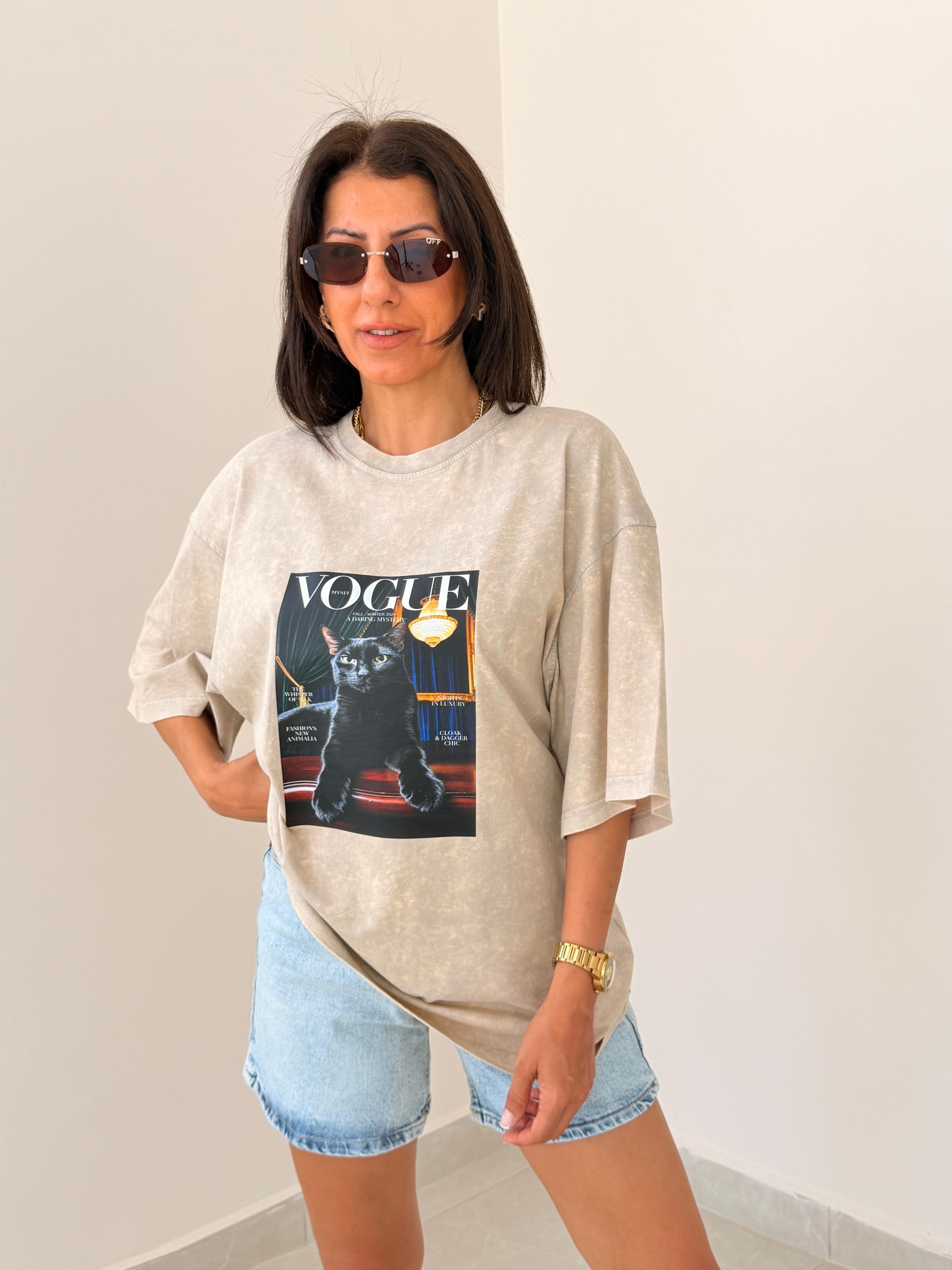 Vogue Kedi Baskılı Oversize Tişört Eskitme Taş