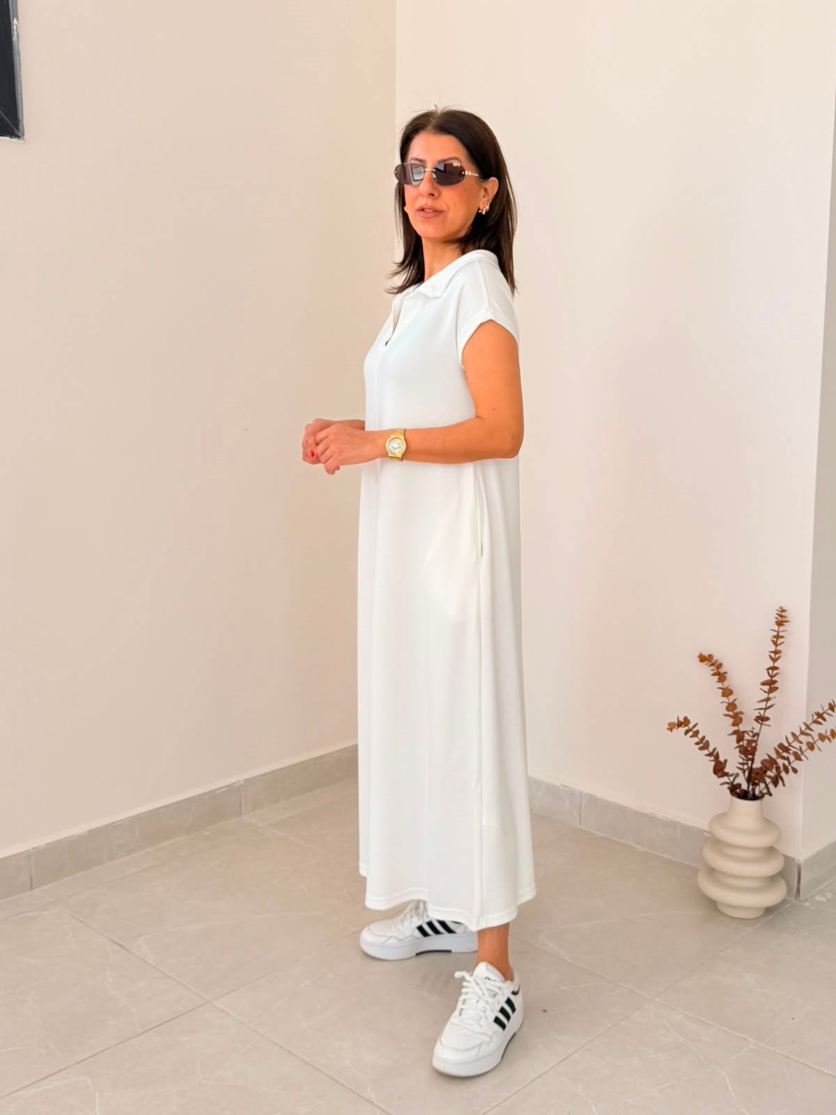 Yakalı Pike Modal Kumaş Elbise Beyaz 