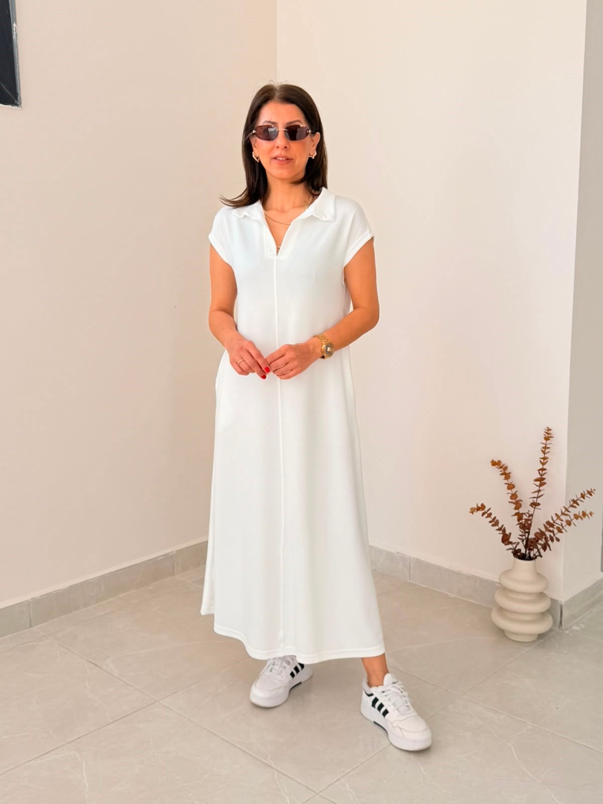 Yakalı Pike Modal Kumaş Elbise Beyaz 