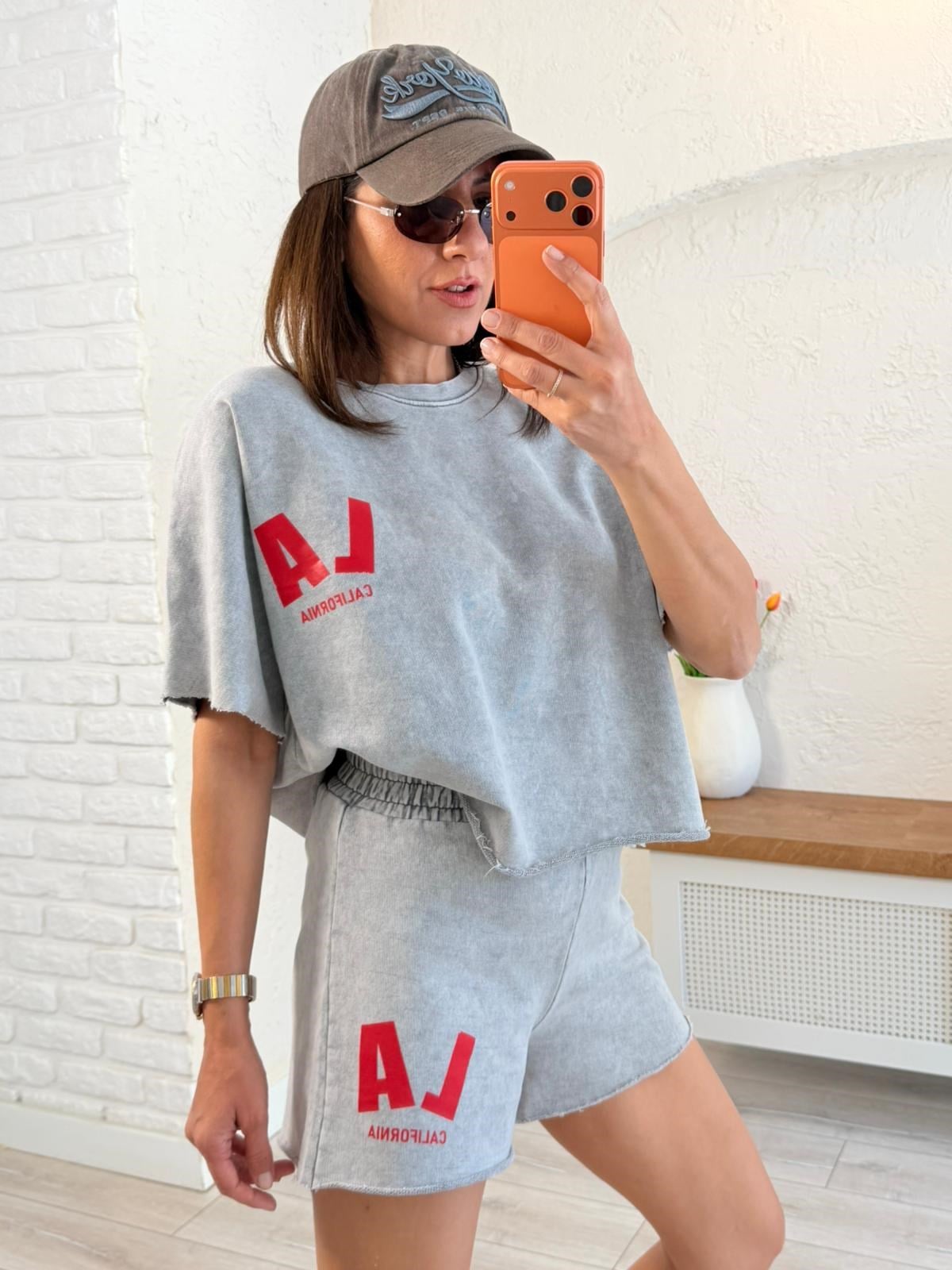 Yazı Baskılı Taş Yıkamalı Oversize Takım Gri