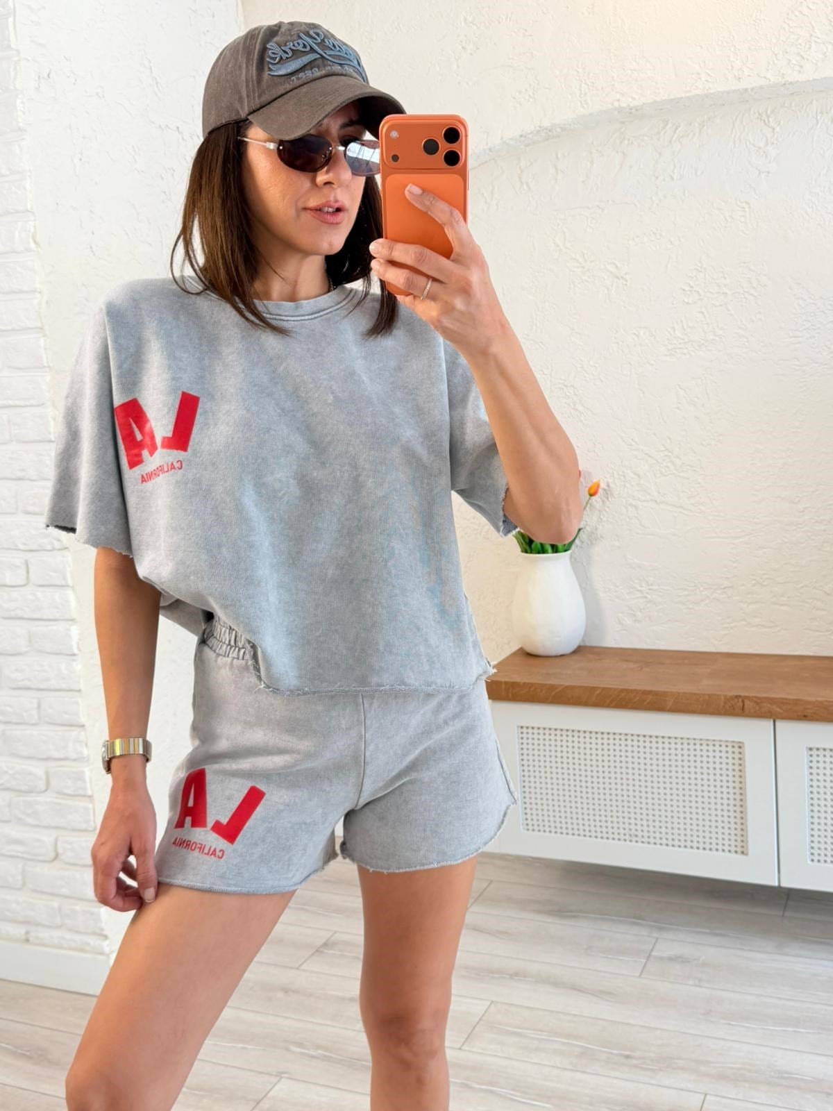 Yazı Baskılı Taş Yıkamalı Oversize Takım Gri
