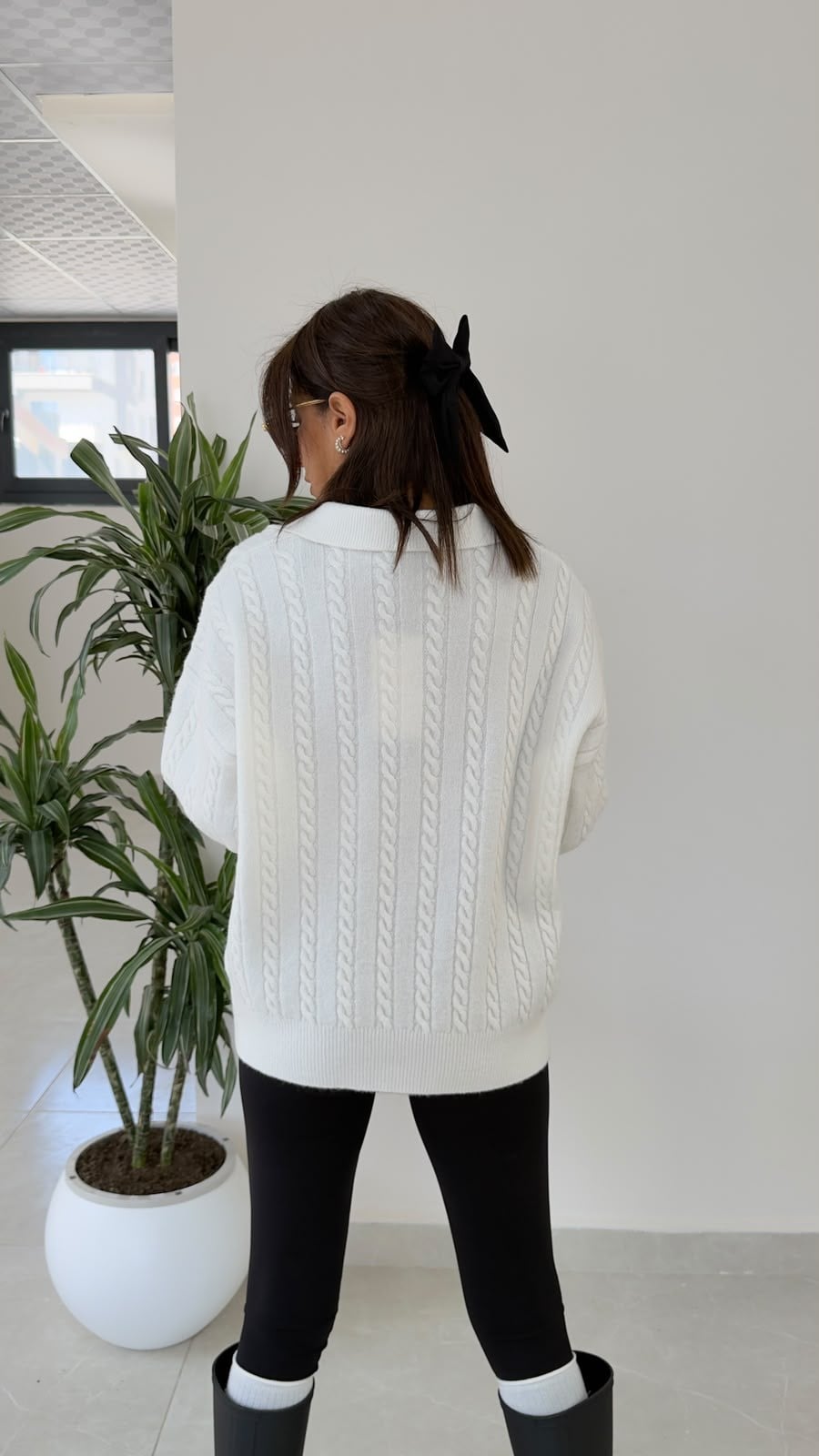 Yün Karışımlı Polo Yaka Kazak Ekru