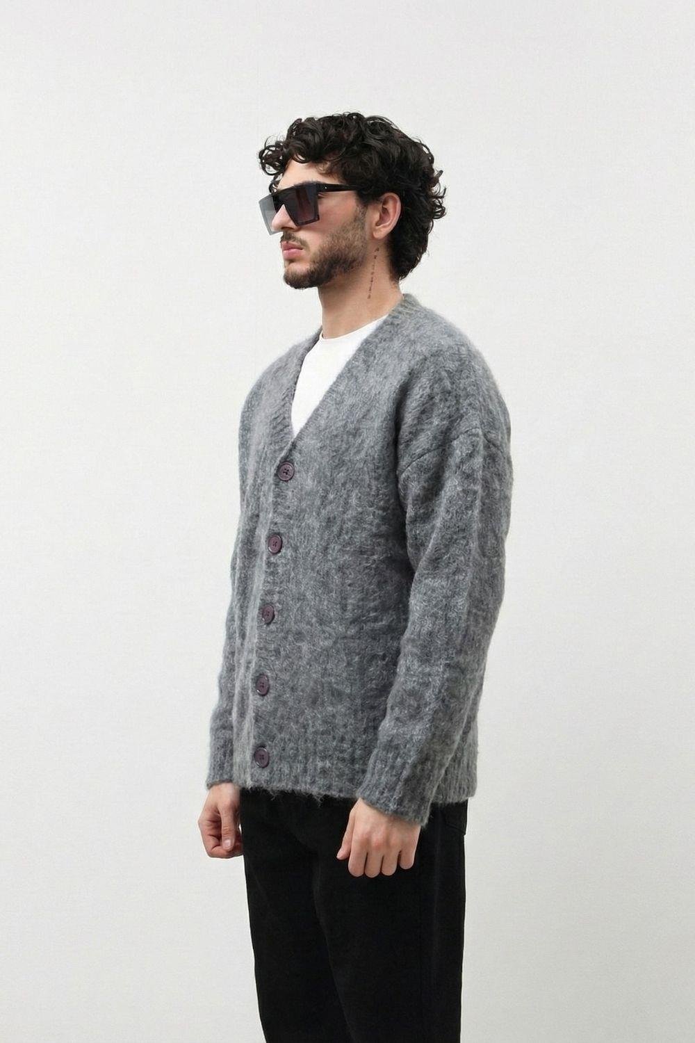 Antrasit Oversize Sakallı Düğmeli Hırka