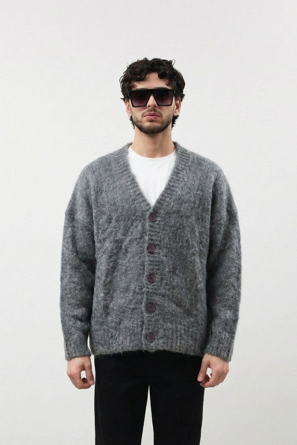 Antrasit Oversize Sakallı Düğmeli Hırka