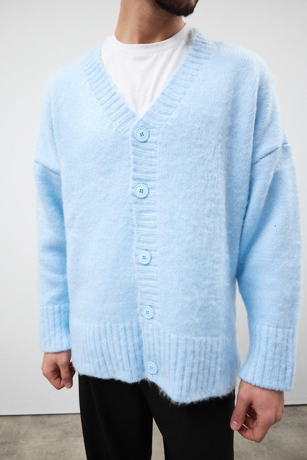 Bebe Mavisi Oversize Sakallı Düğmeli Hırka