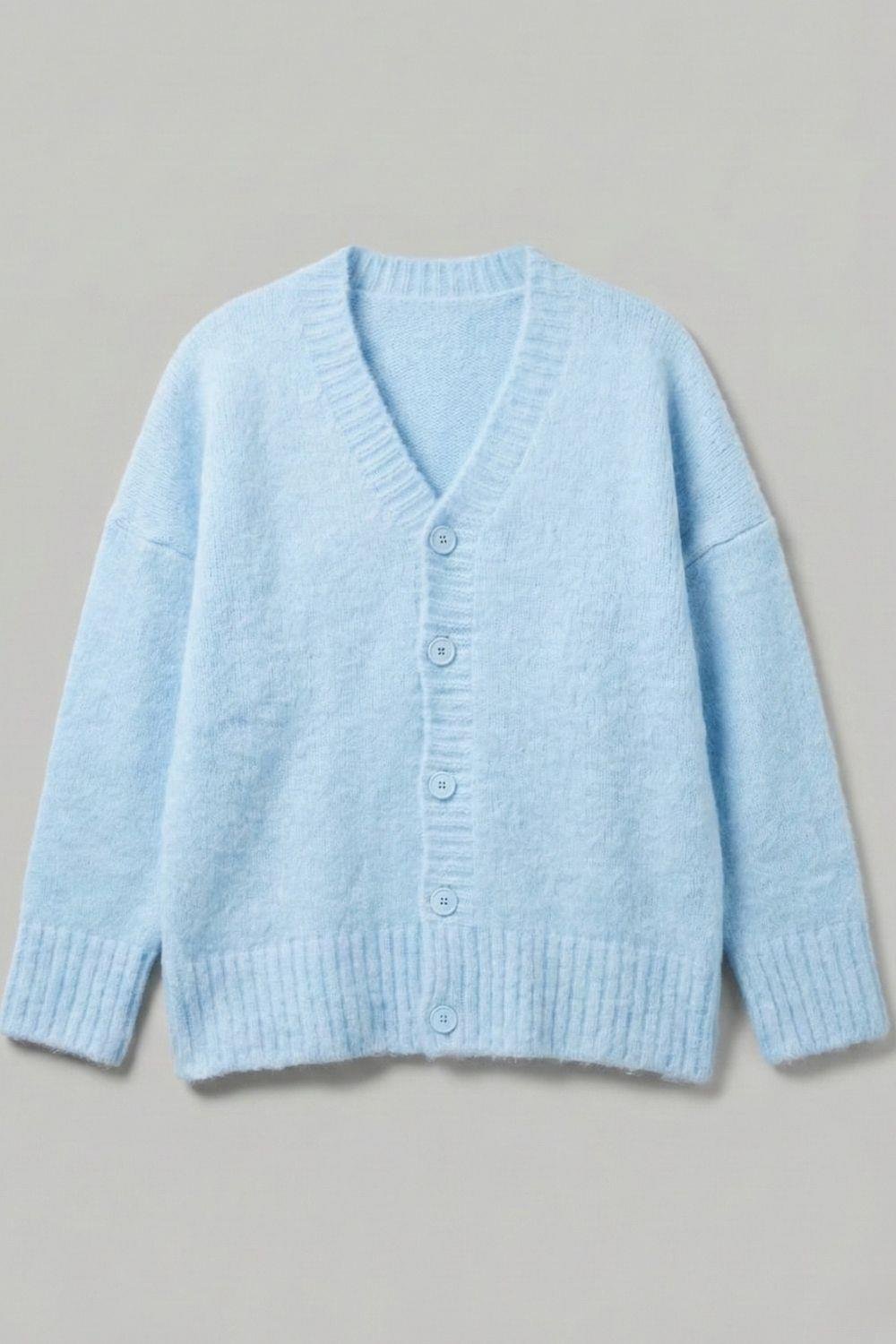 Bebe Mavisi Oversize Sakallı Düğmeli Hırka