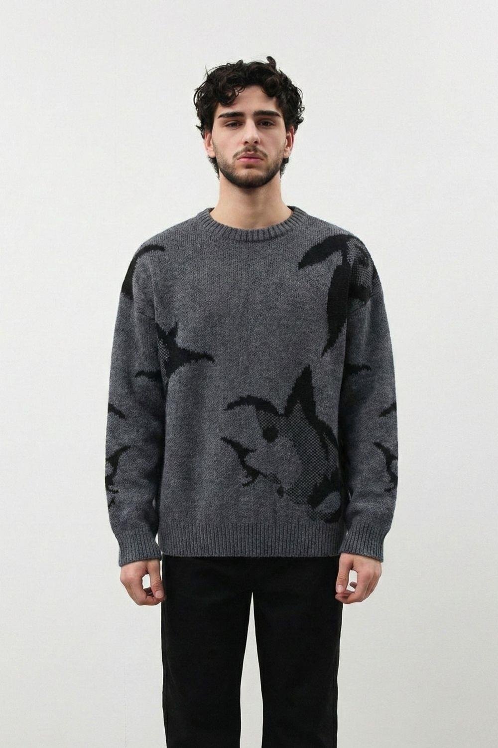 Erkek Antrasit Baskılı Oversize Kazak