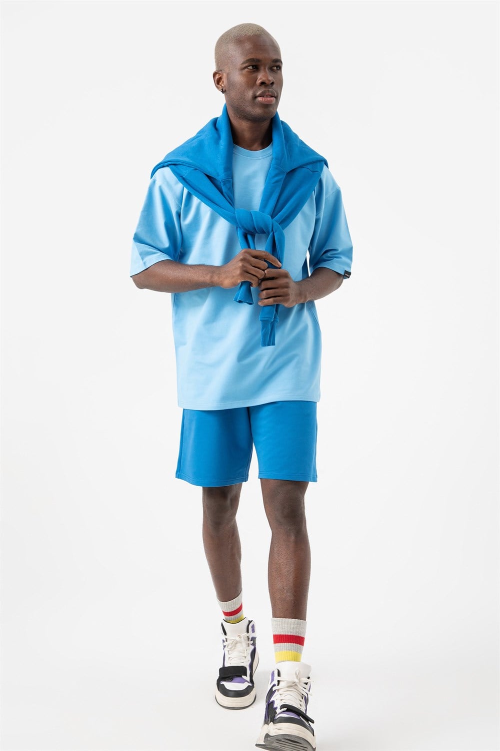 Erkek Base Oversize Mavi T-Shirt