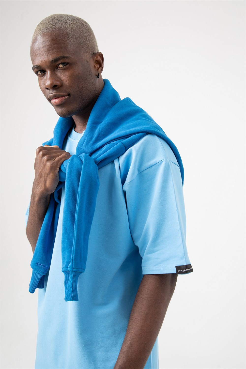 Erkek Base Oversize Mavi T-Shirt