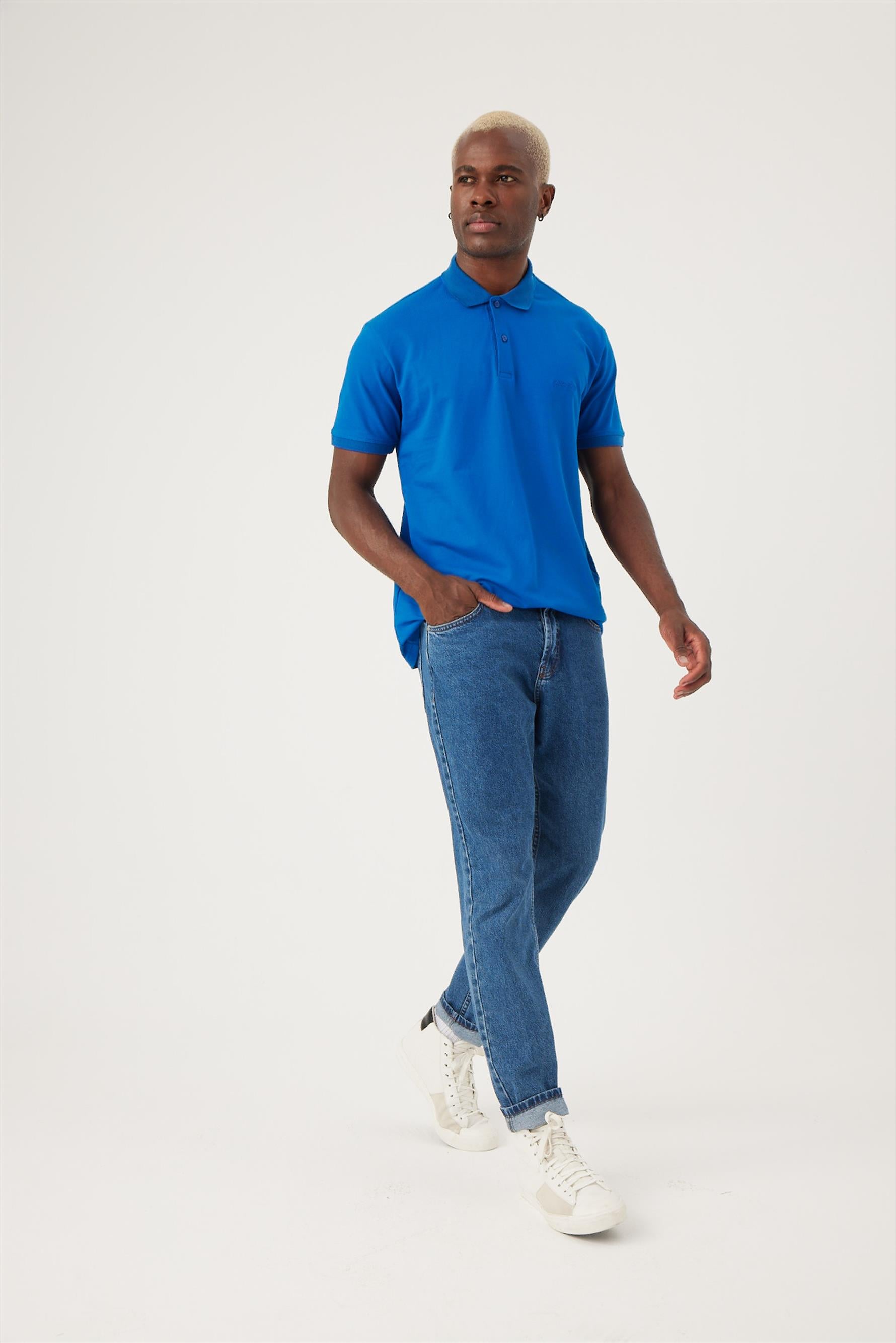 Erkek Base Polo Yaka Saks Mavi T-Shirt