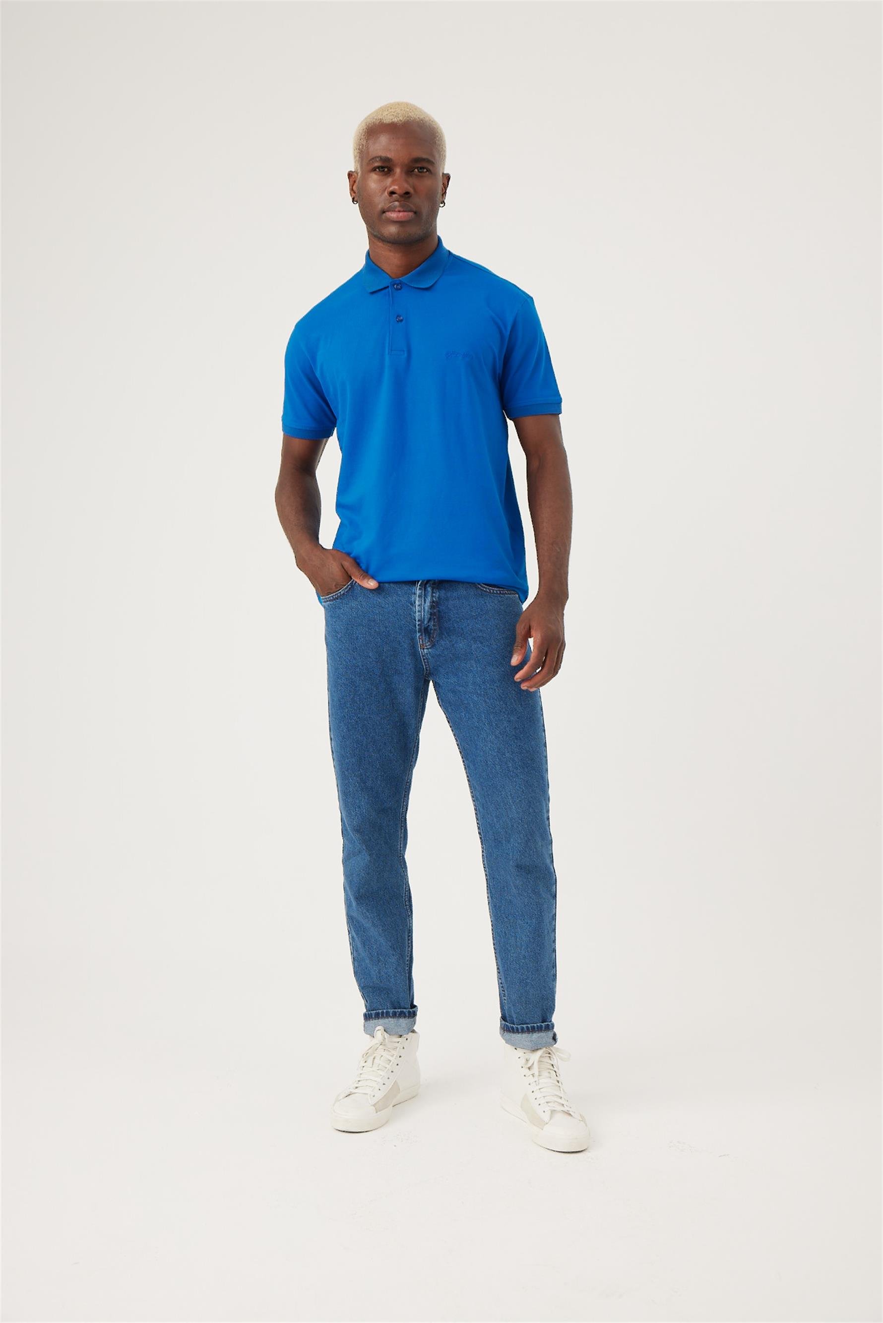 Erkek Base Polo Yaka Saks Mavi T-Shirt