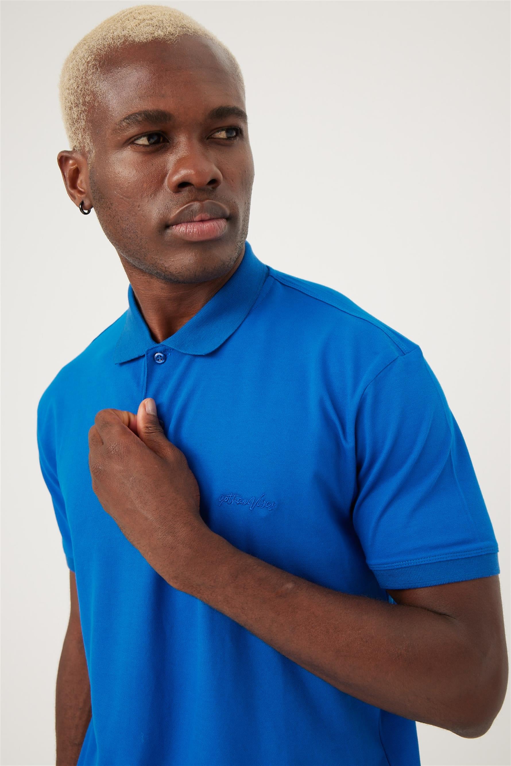 Erkek Base Polo Yaka Saks Mavi T-Shirt