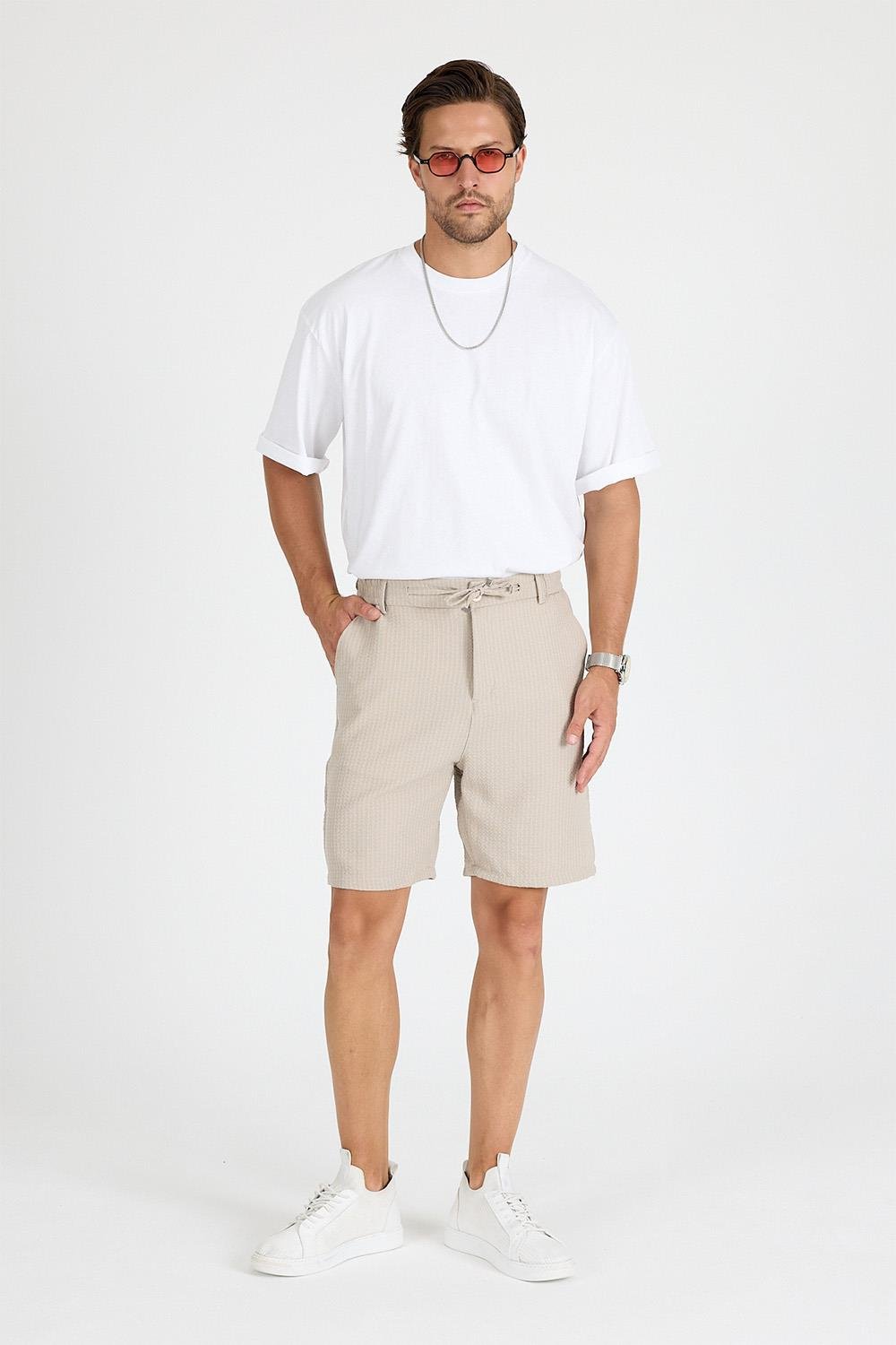 Erkek Bej Çizgili Şort