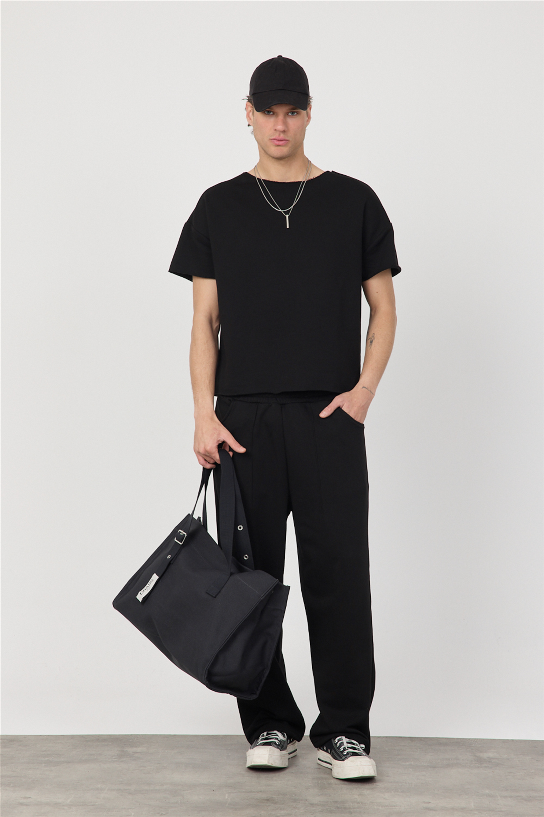 Erkek Blank Siyah Ayarlanabilir Paça Eşofman Altı