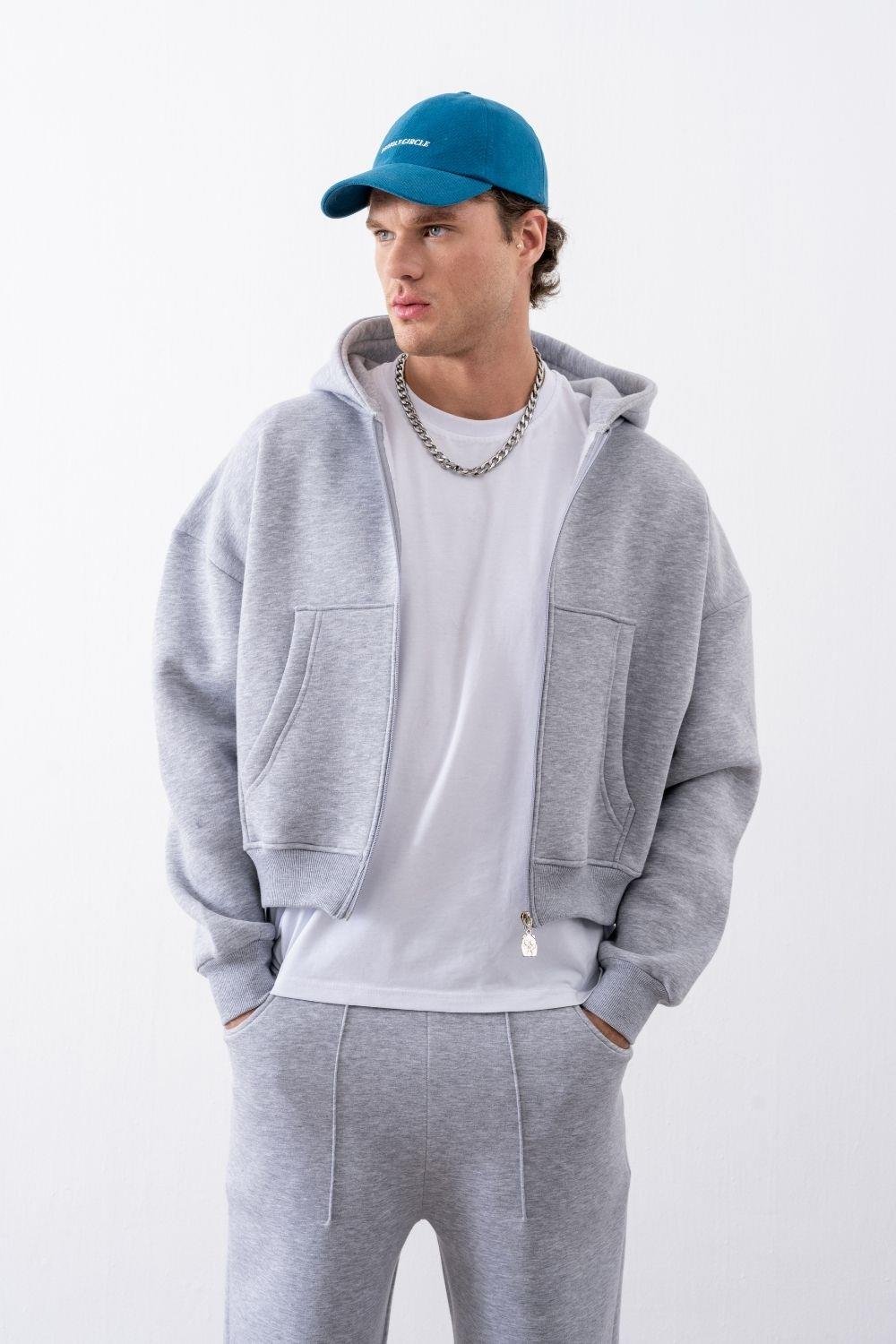 Erkek Boxy Oversize Fermuarlı Chill Gri Sweatshirt