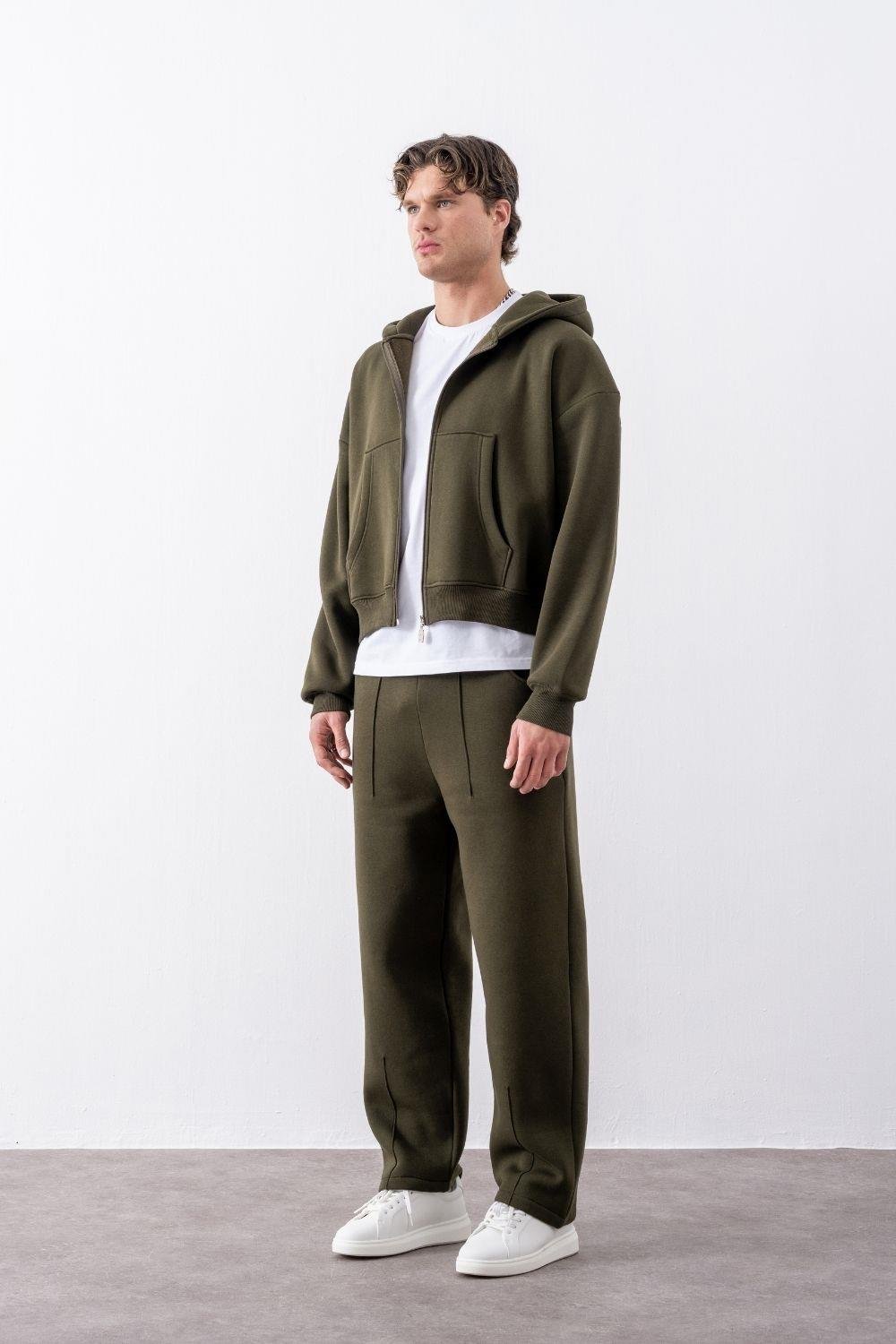 Erkek Boxy Oversize Fermuarlı Chill Haki Sweatshirt