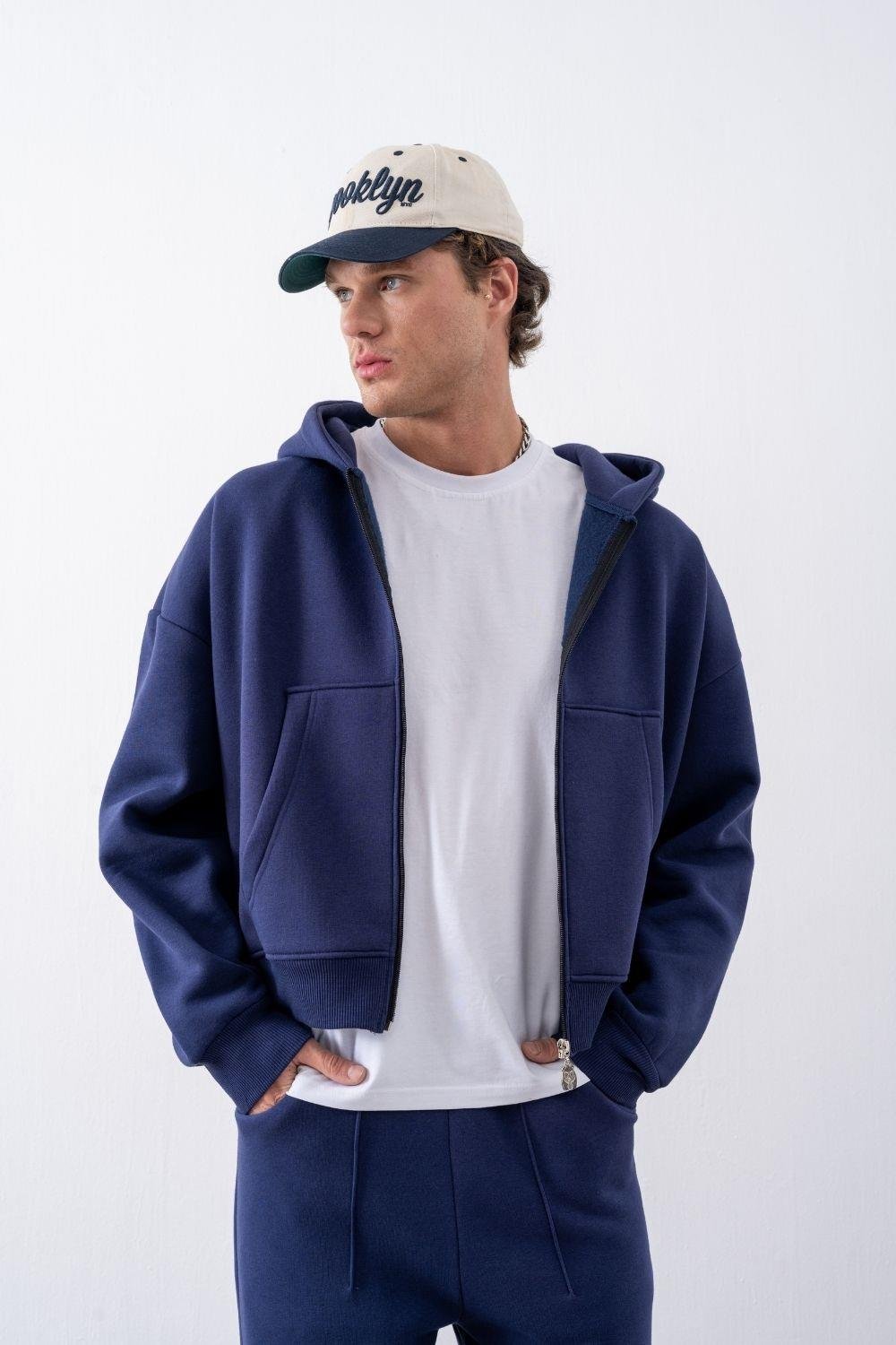 Erkek Boxy Oversize Fermuarlı Chill Lacivert Sweatshirt