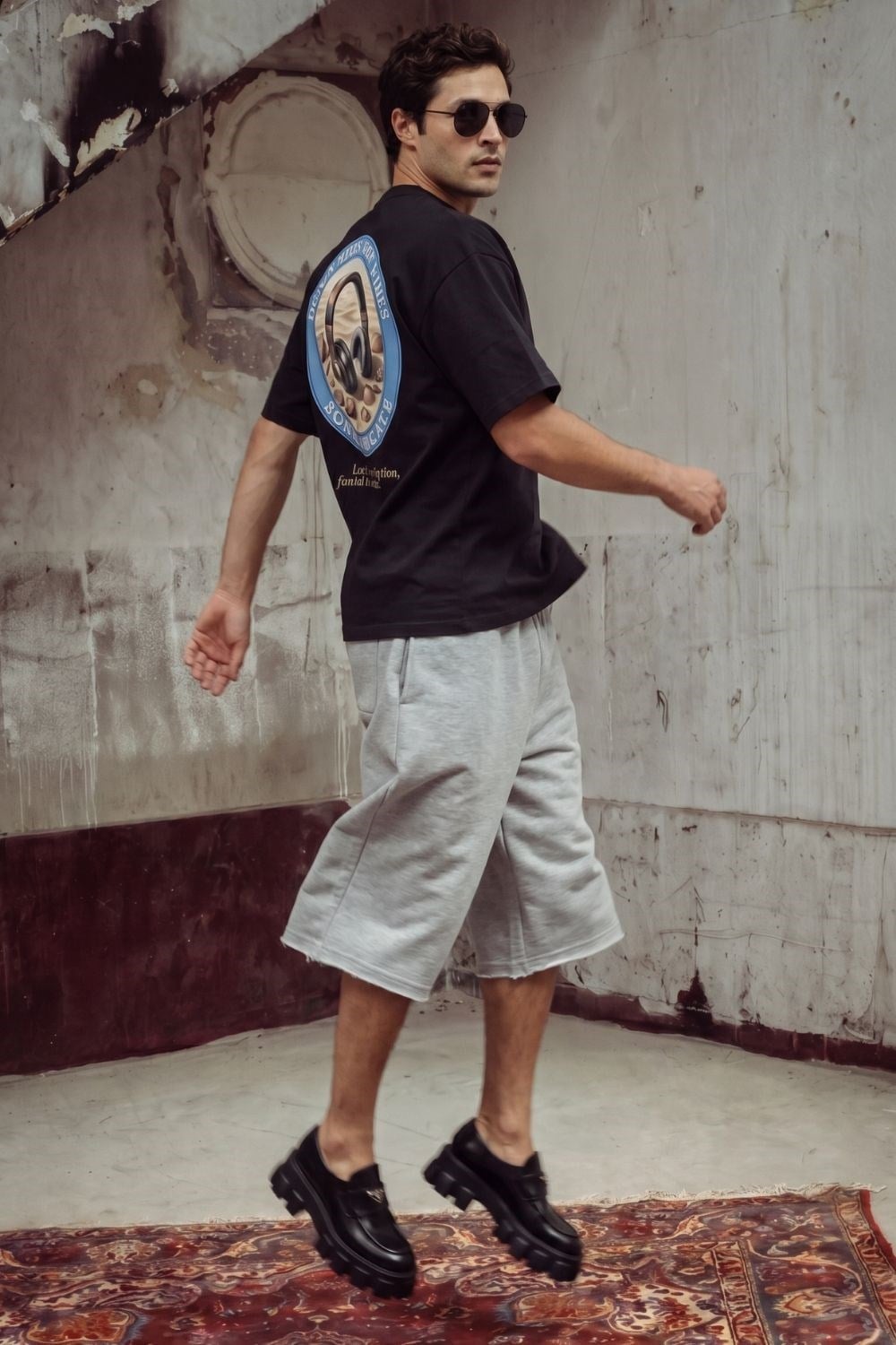 Erkek Boxy Rhytm Siyah Premium T-Shirt