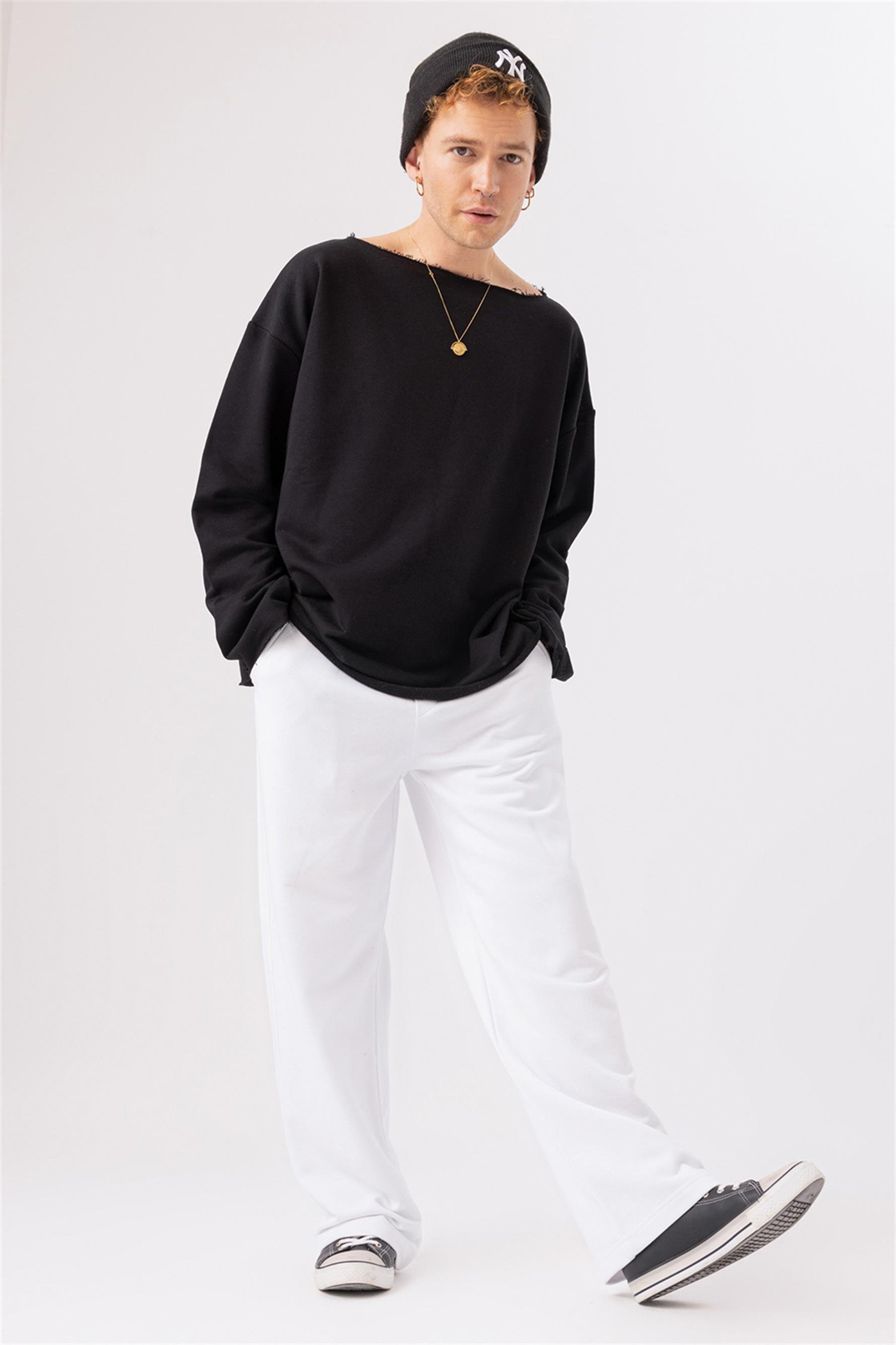 Erkek Calm Siyah Kayık Yaka Sweatshirt