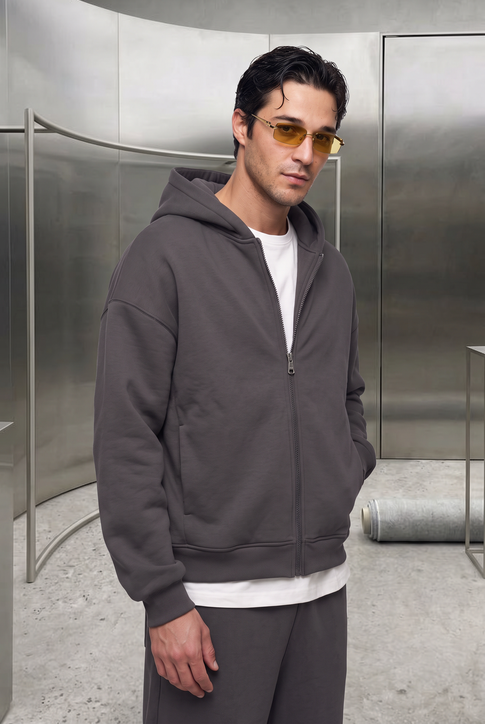 Erkek Chill Oversize Antrasit Zip Sweatshirt