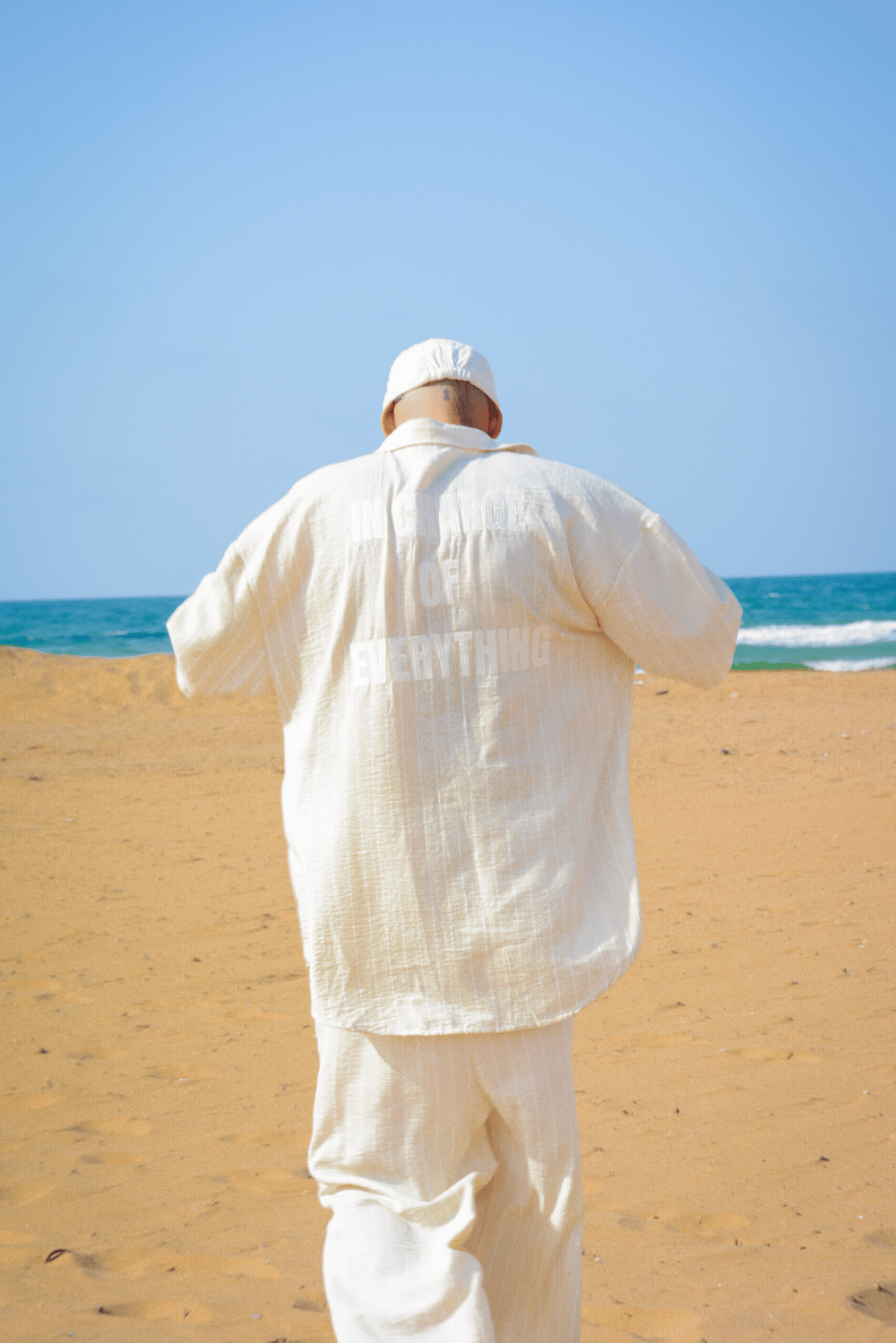 Erkek Çizgili Krem Keten Takım