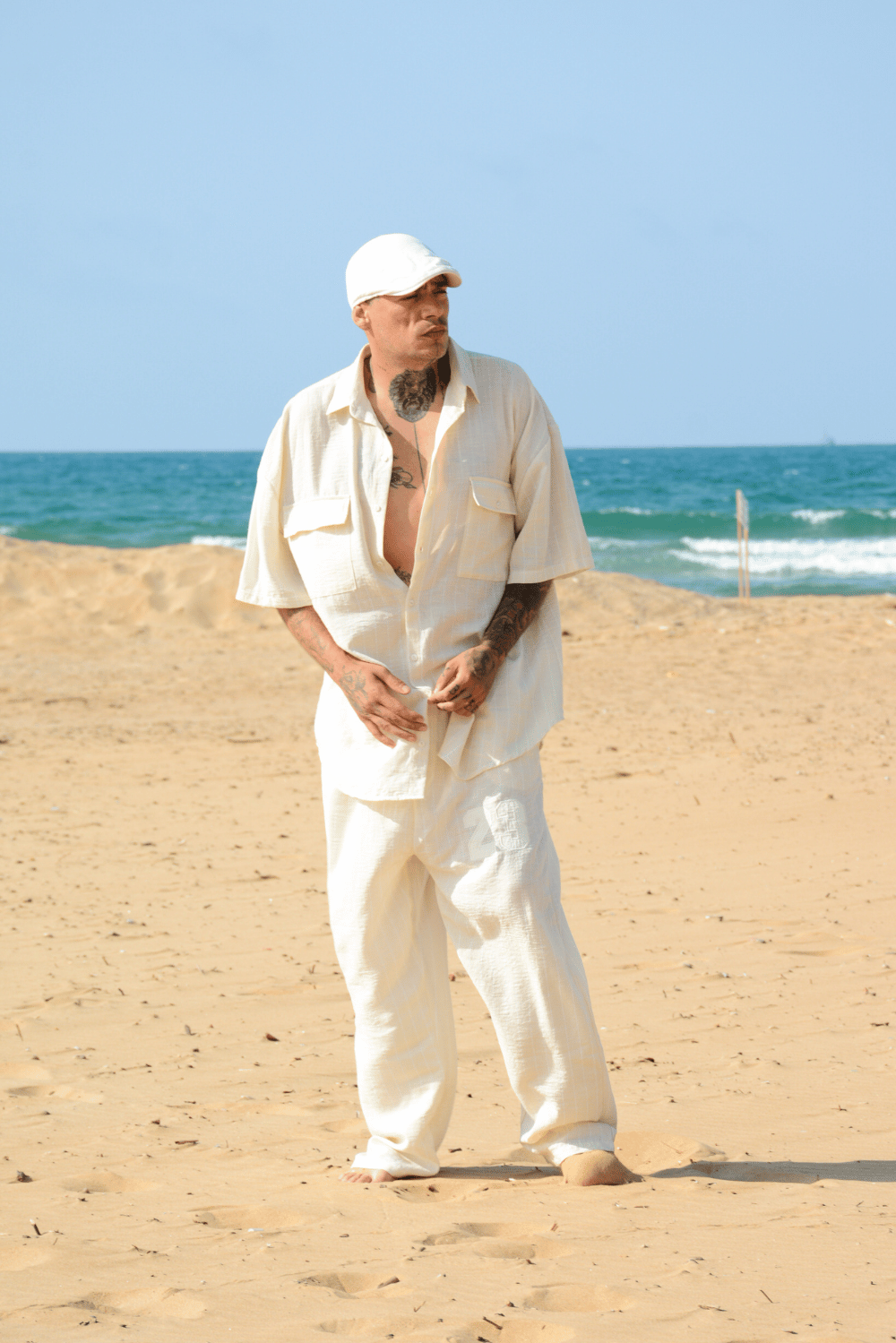 Erkek Çizgili Krem Keten Takım