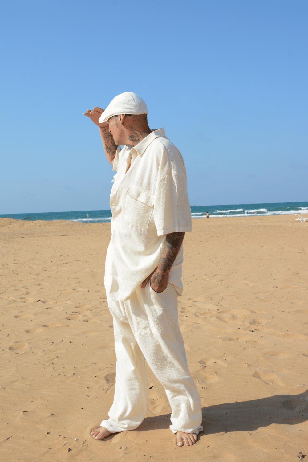 Erkek Çizgili Krem Keten Takım