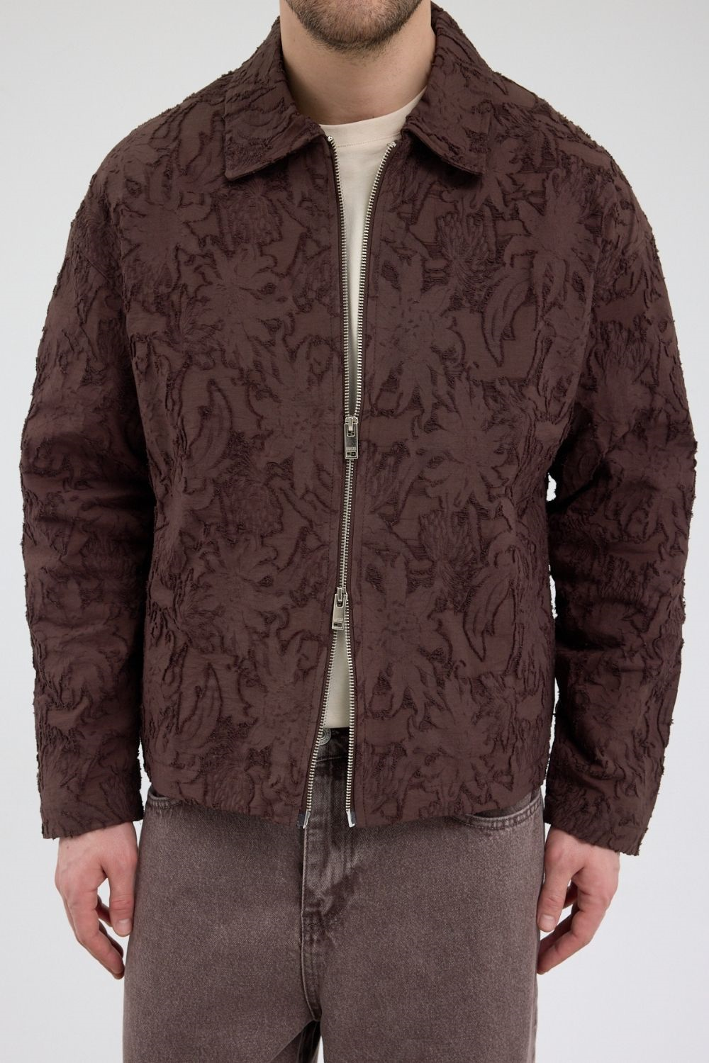 Erkek Desenli Fermuarlı Kahverengi Ceket