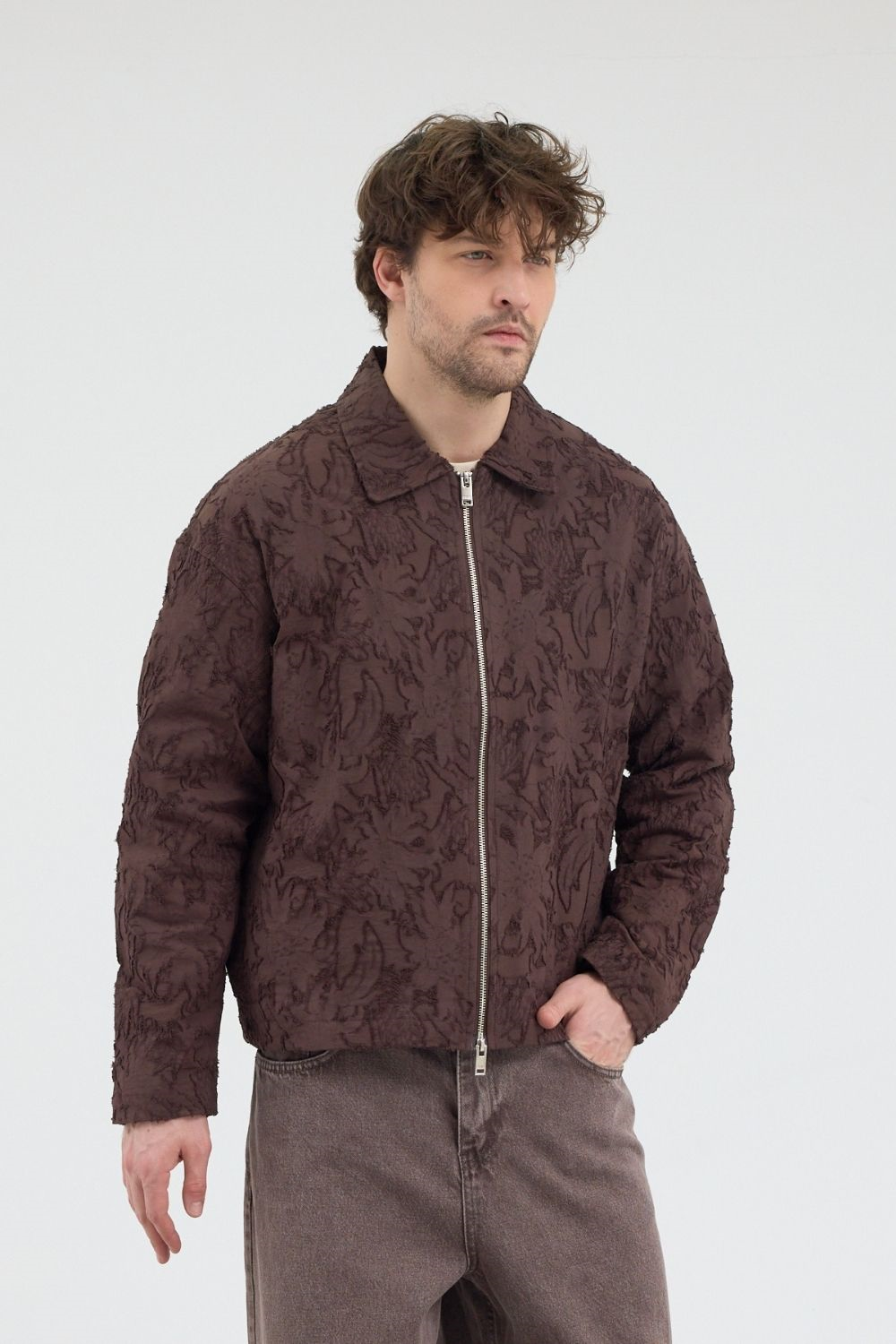 Erkek Desenli Fermuarlı Kahverengi Ceket