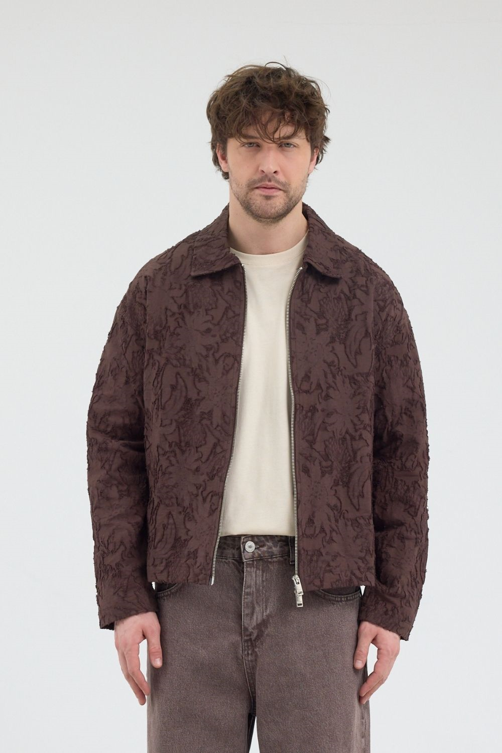 Erkek Desenli Fermuarlı Kahverengi Ceket
