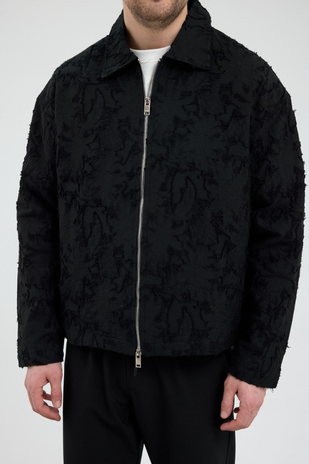 Erkek Desenli Fermuarlı Siyah Ceket