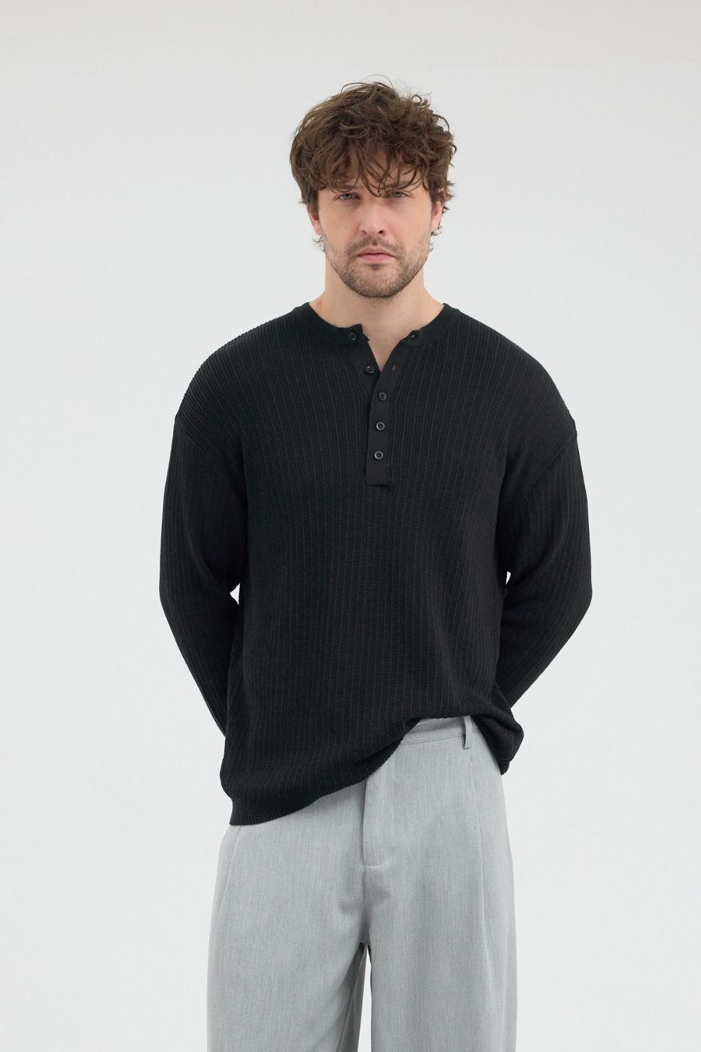 Erkek Fitilli Düğmeli Siyah İnce Kazak