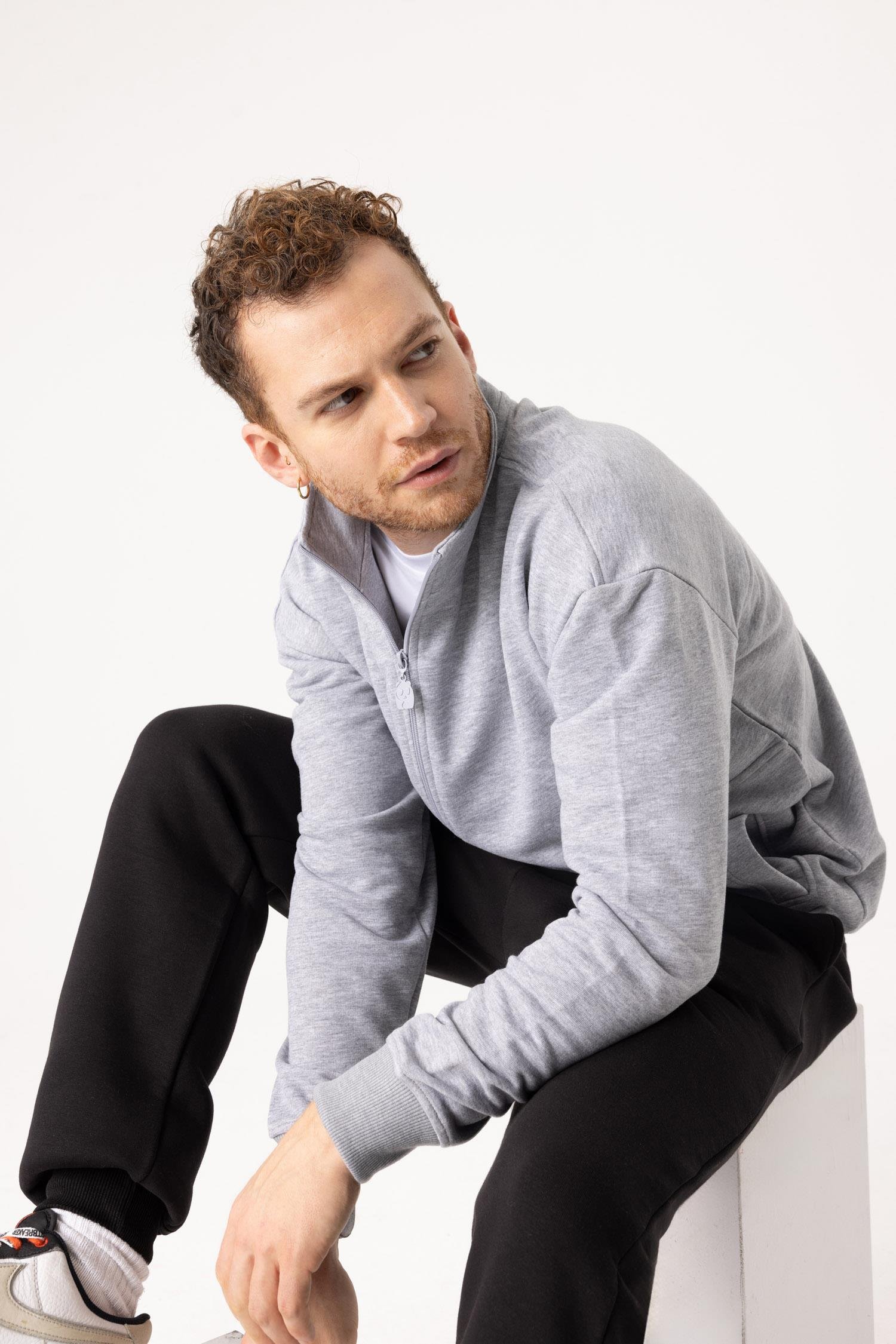 Erkek Gri Dik Yaka Fermuarlı Oversize Sweatshirt