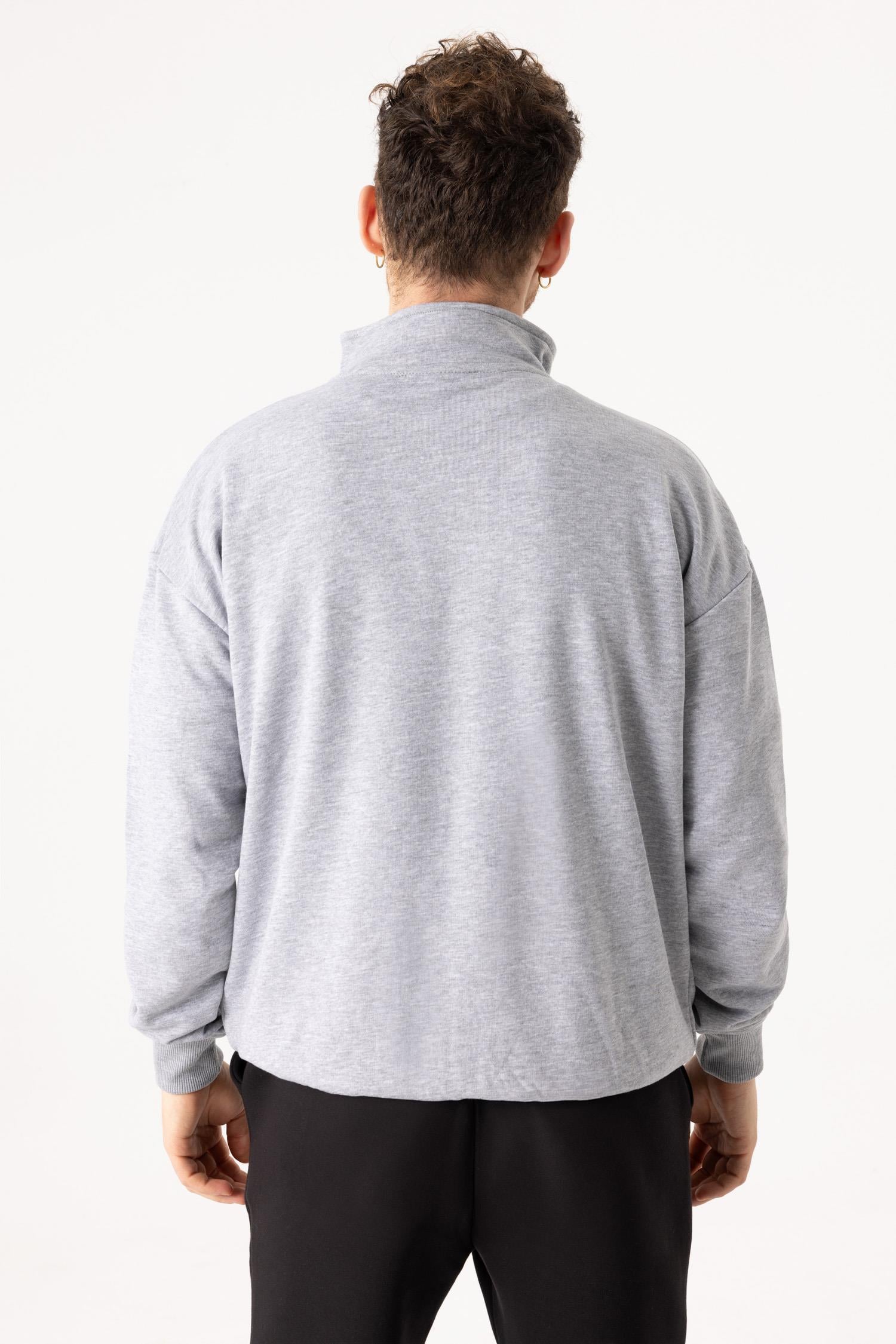 Erkek Gri Dik Yaka Fermuarlı Oversize Sweatshirt
