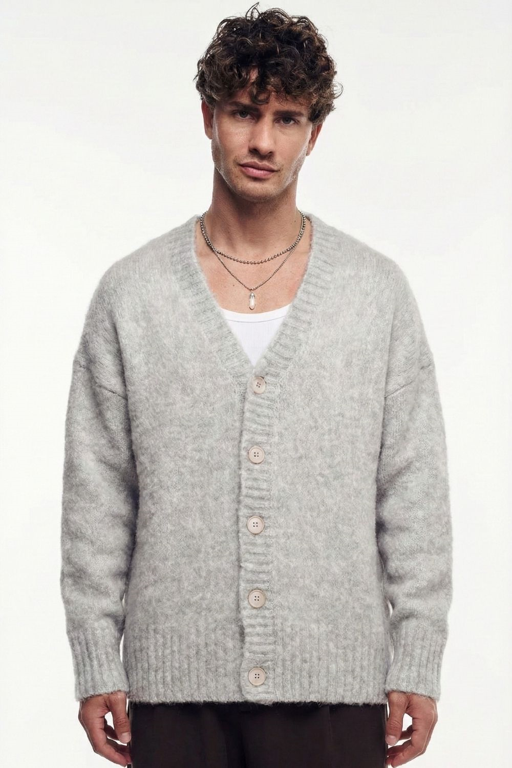 Erkek Gri Oversize Sakallı Düğmeli Hırka