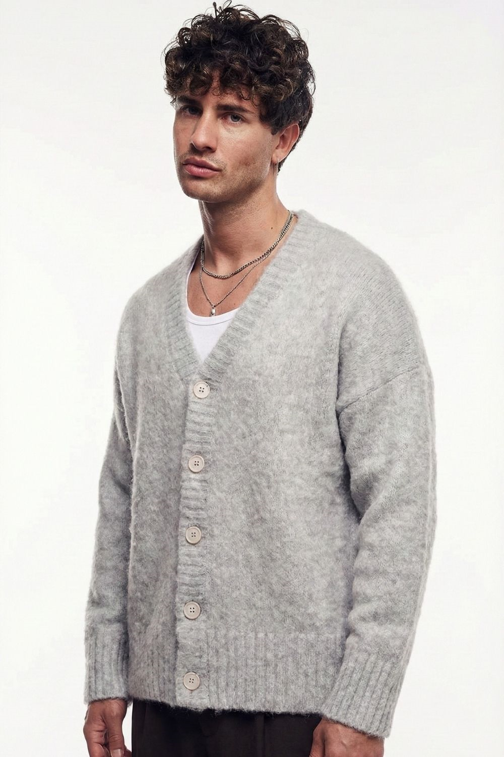 Erkek Gri Oversize Sakallı Düğmeli Hırka