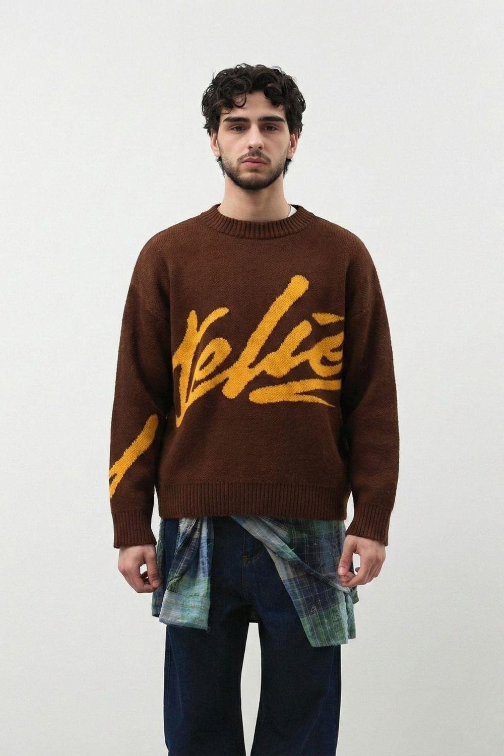 Erkek Kahverengi İşlemeli Oversize Kazak