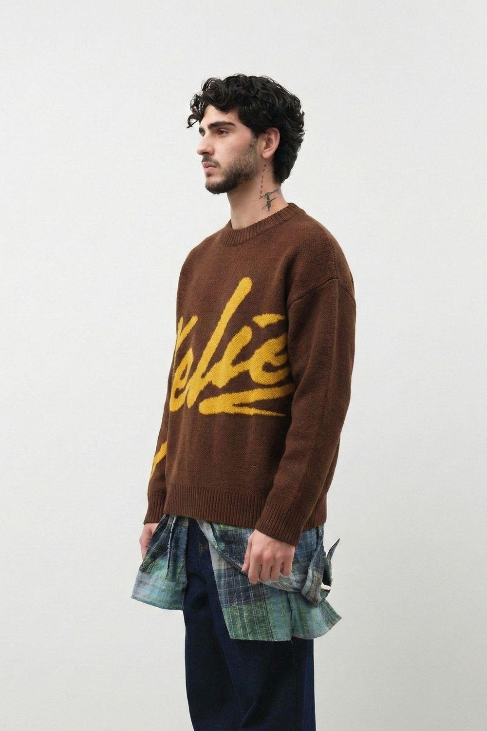 Erkek Kahverengi İşlemeli Oversize Kazak