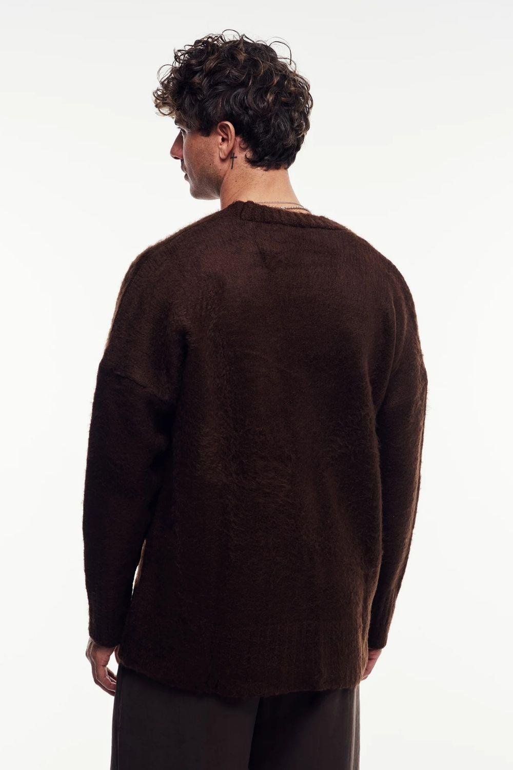 Erkek Kahverengi Oversize Sakallı Düğmeli Hırka