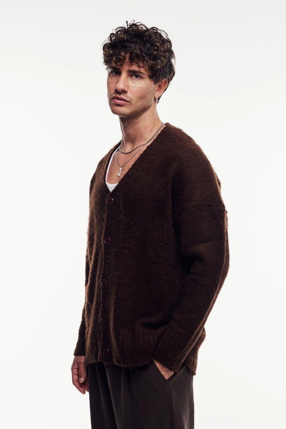 Erkek Kahverengi Oversize Sakallı Düğmeli Hırka