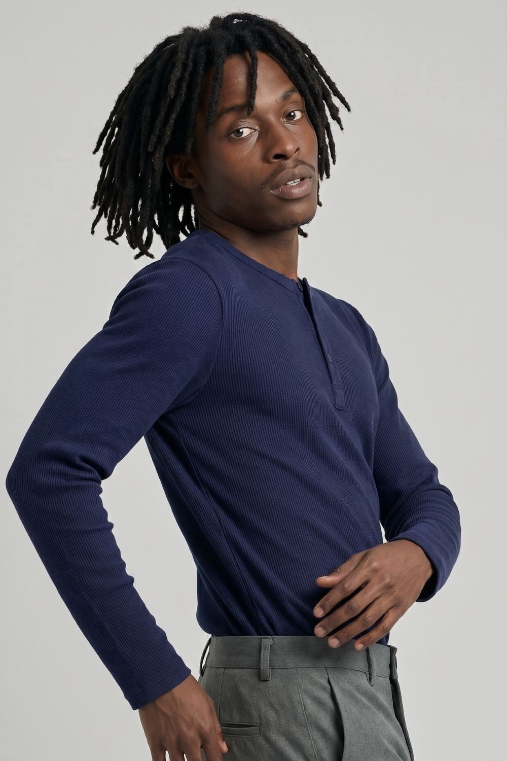 Erkek Lacivert Henley  T-Shirt
