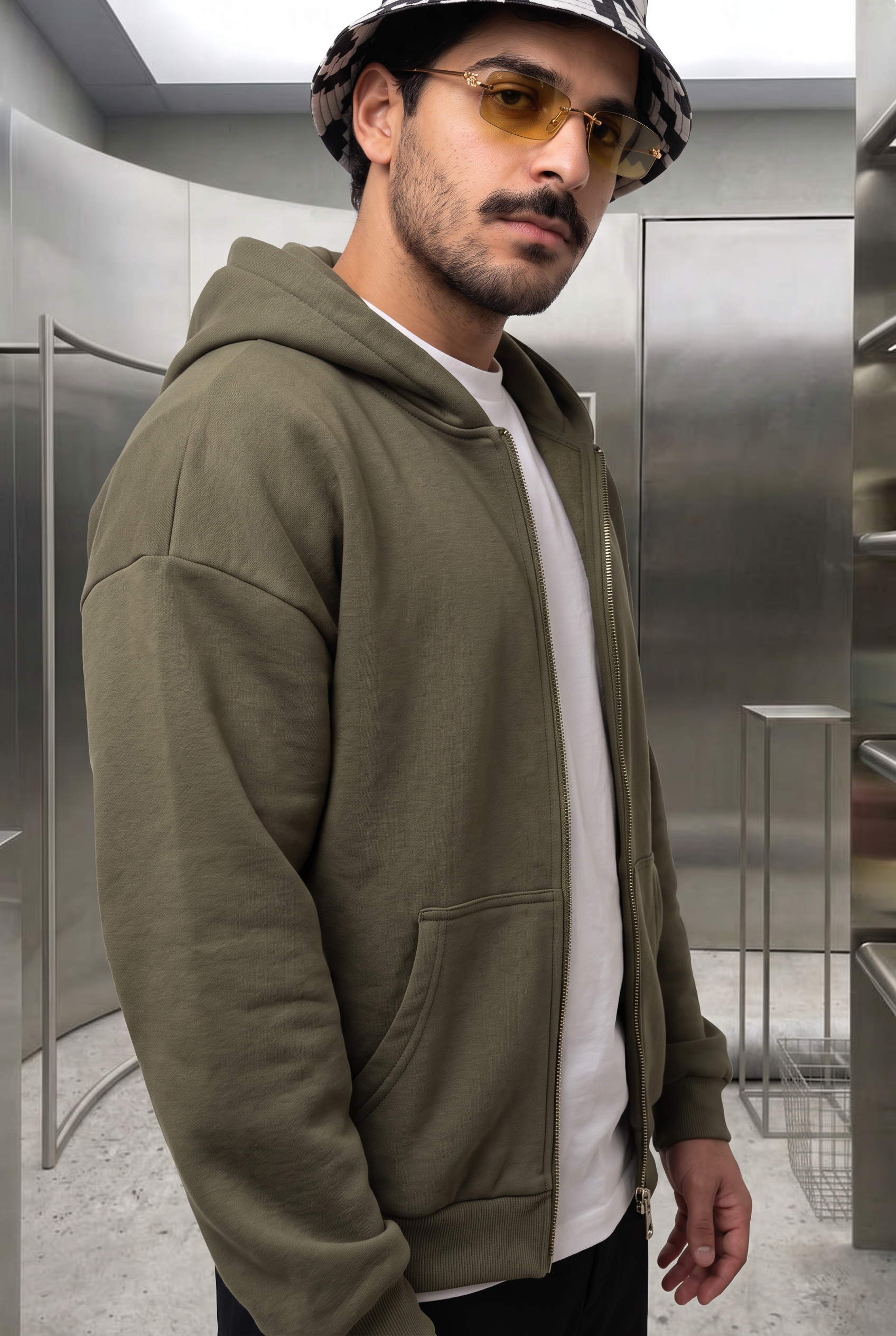 Erkek Oversize Fermuarlı Chill Haki Sweatshirt