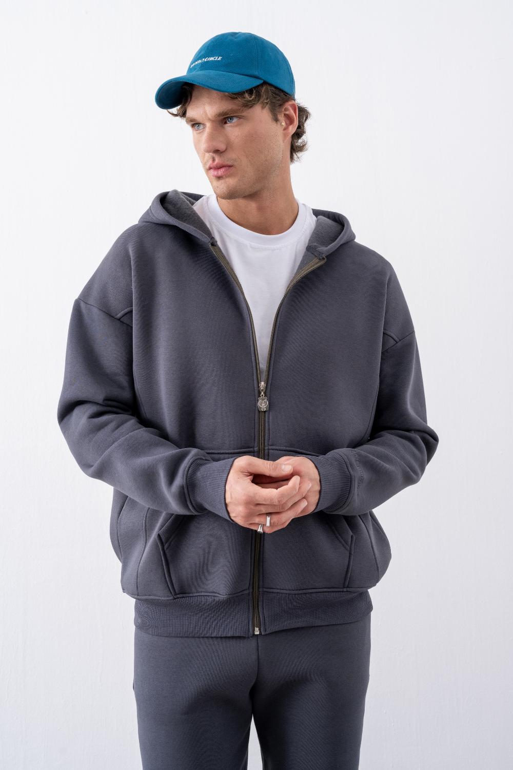 Erkek Oversize Fermuarlı Kapüşonlu Antrasit Sweatshirt