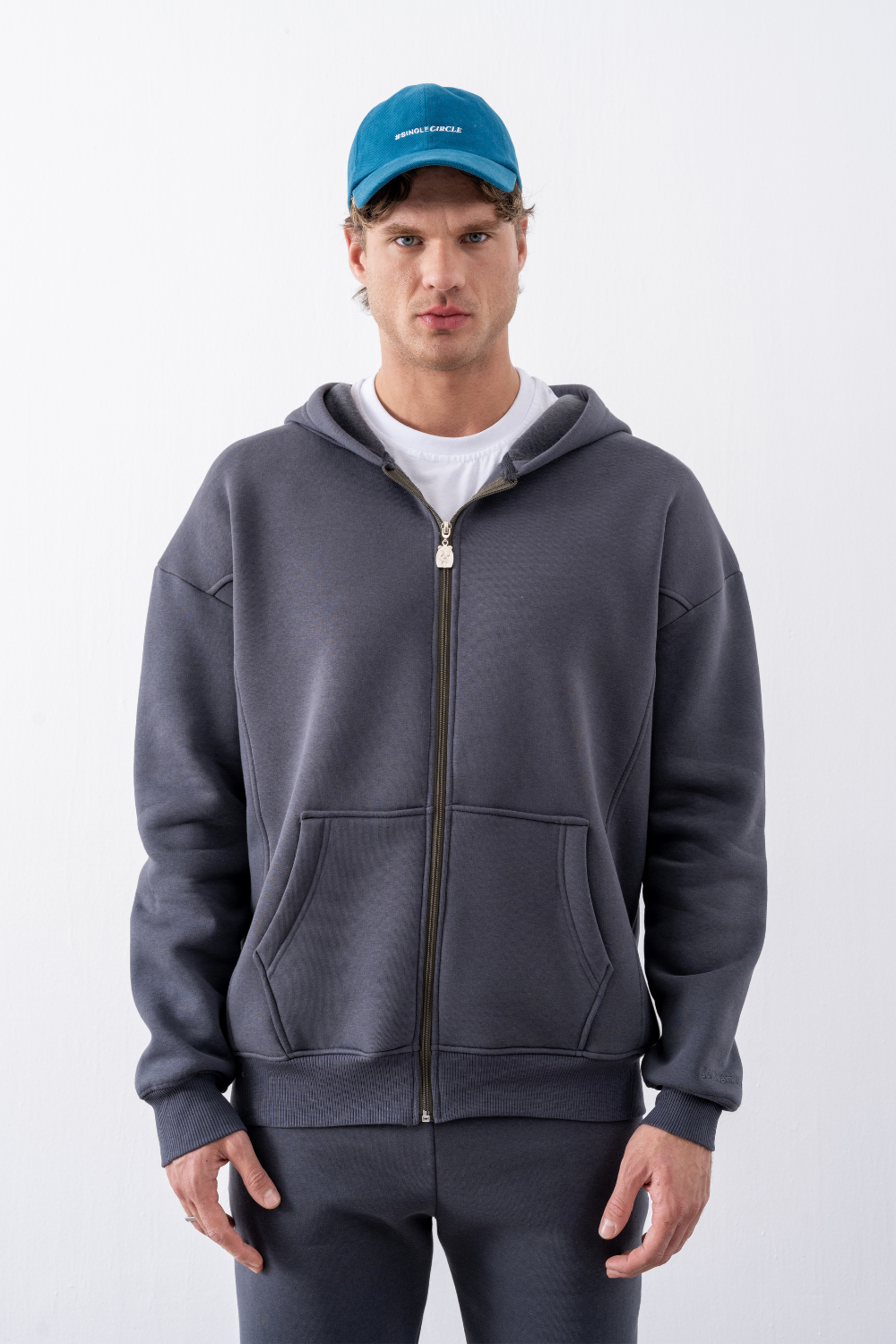 Erkek Oversize Fermuarlı Kapüşonlu Antrasit Sweatshirt