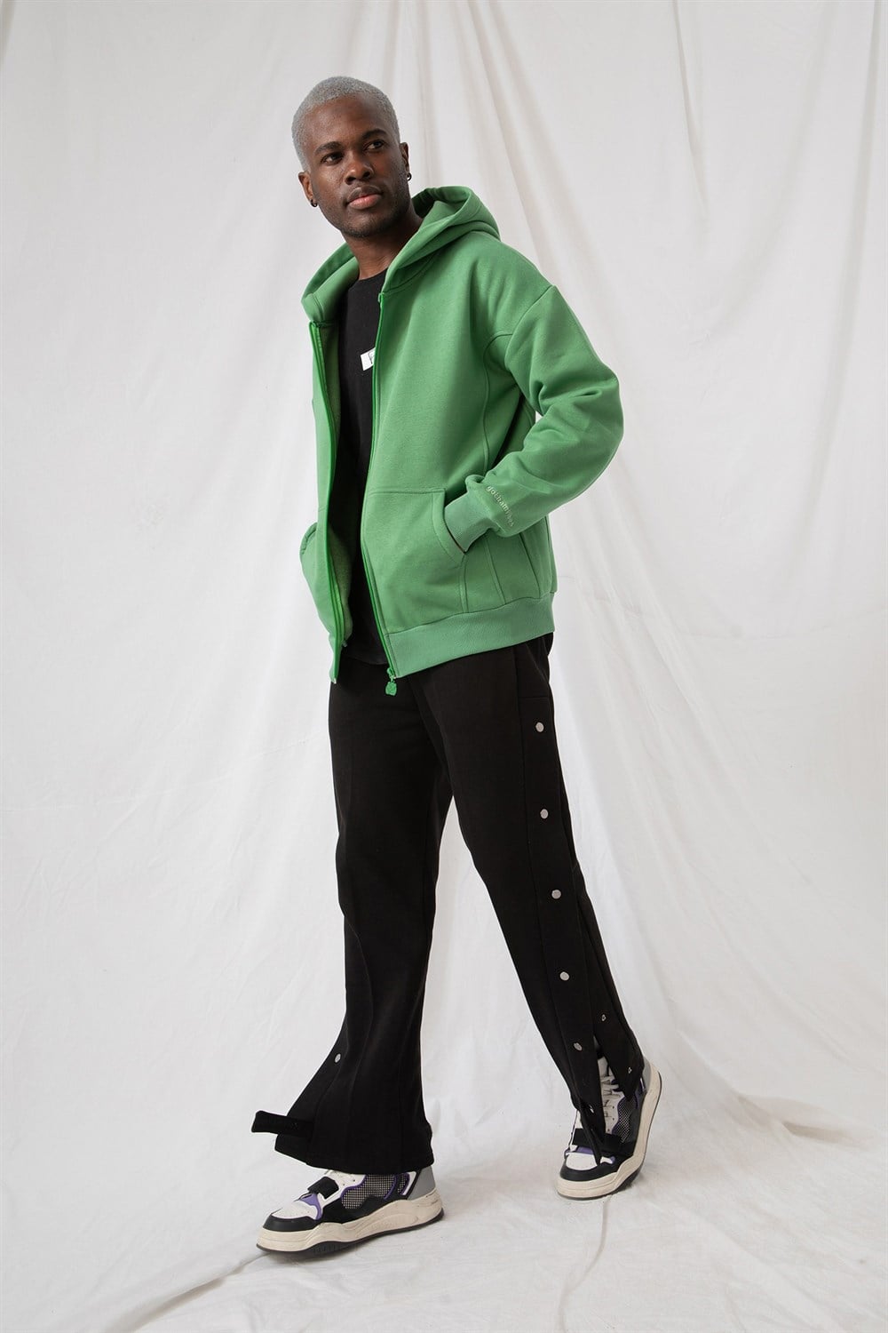 Erkek Oversize Fermuarlı Kapüşonlu Çağla Sweatshirt