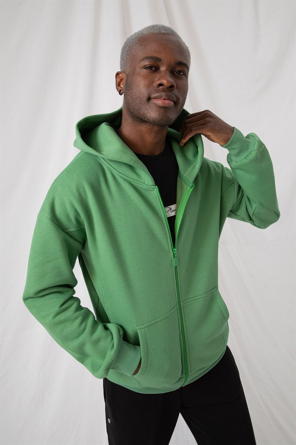 Erkek Oversize Fermuarlı Kapüşonlu Çağla Sweatshirt