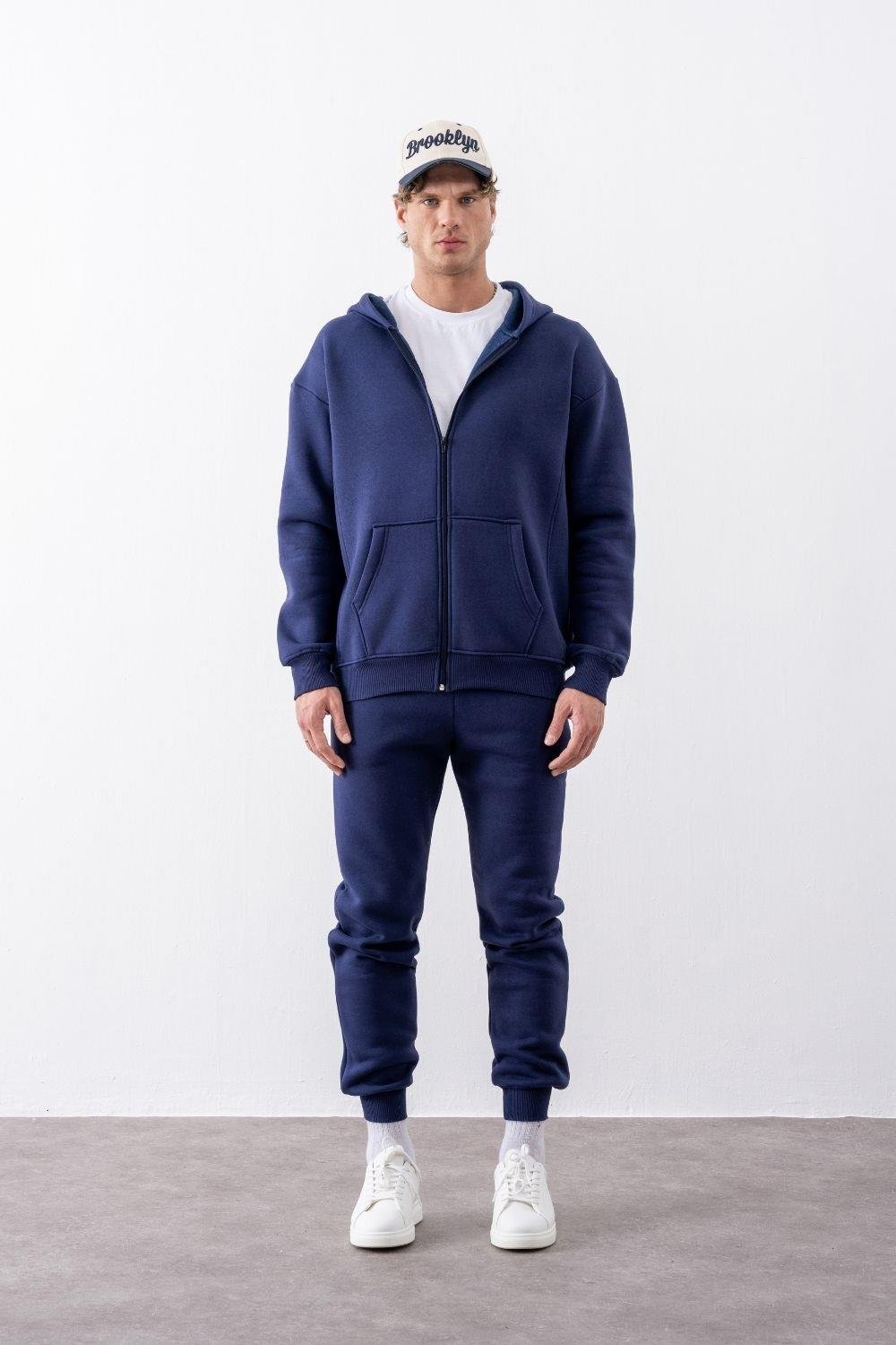 Erkek Oversize Fermuarlı Kapüşonlu Lacivert Sweatshirt