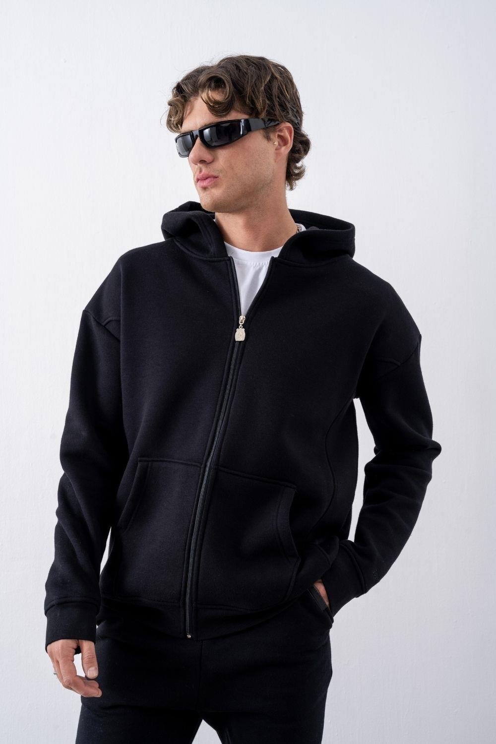 Erkek Oversize Fermuarlı Kapüşonlu Siyah Sweatshirt
