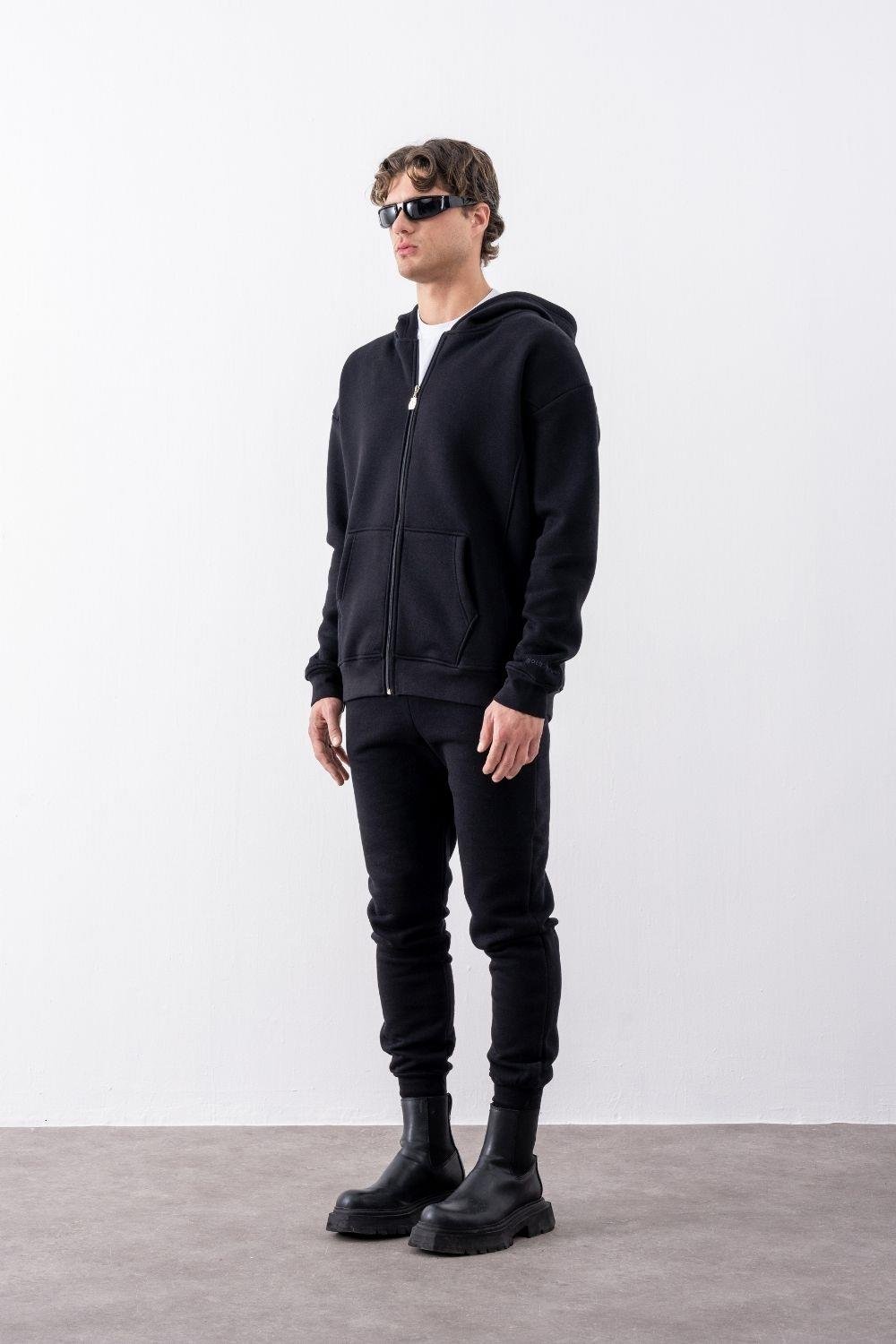 Erkek Oversize Fermuarlı Kapüşonlu Siyah Sweatshirt